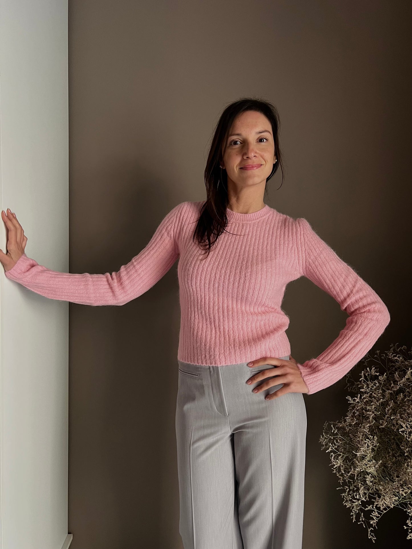 Maglia girocollo slim fit in alpaca Pink