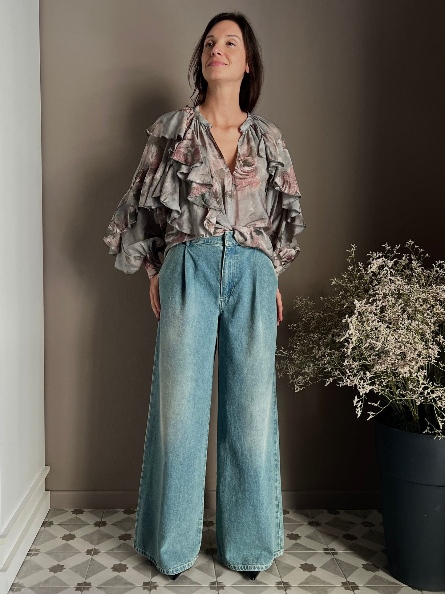 Pantalone denim Wide-Leg con pinces
