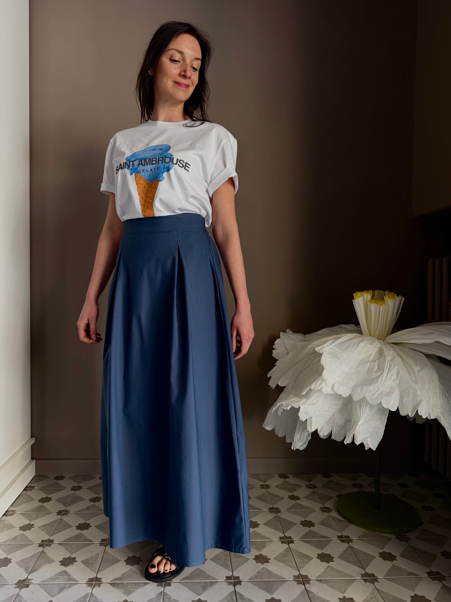 Gonna lunga in popeline di cotone blu