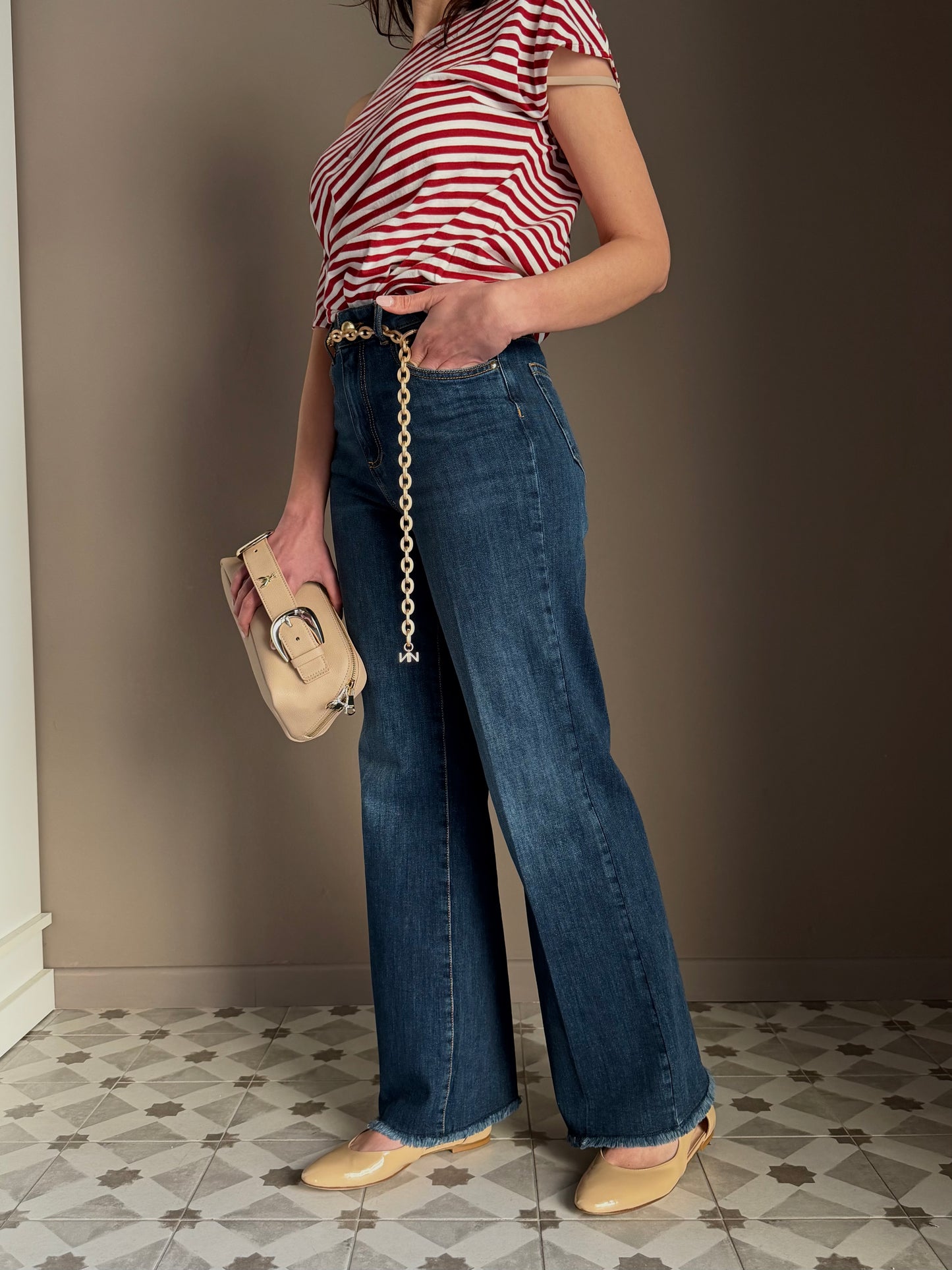 Pantalone denim Wide-Leg con catena