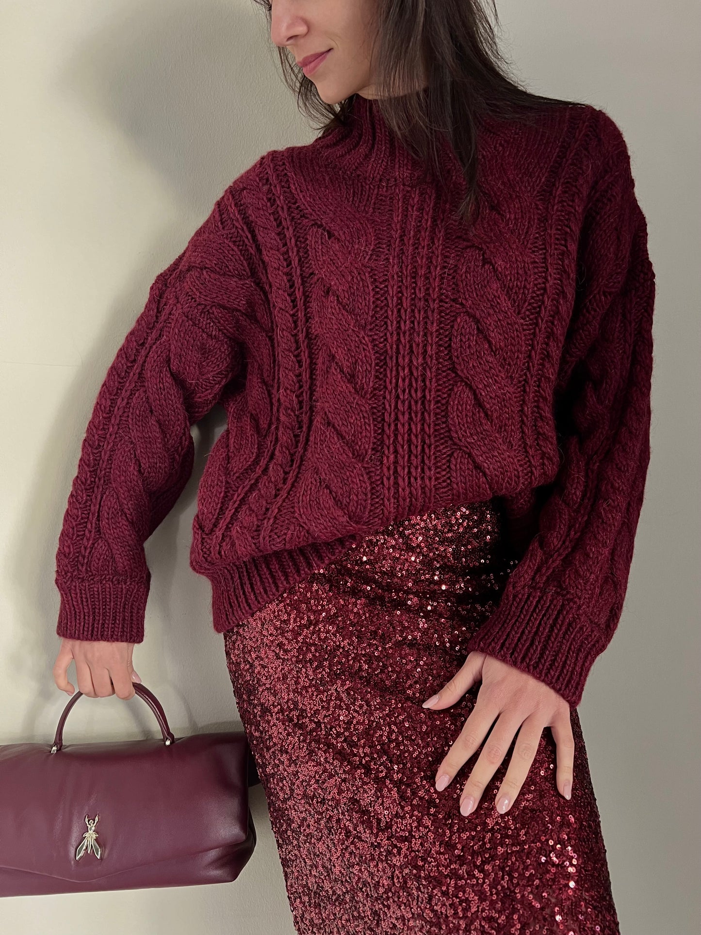 Maglia treccie collo alto Burgundy