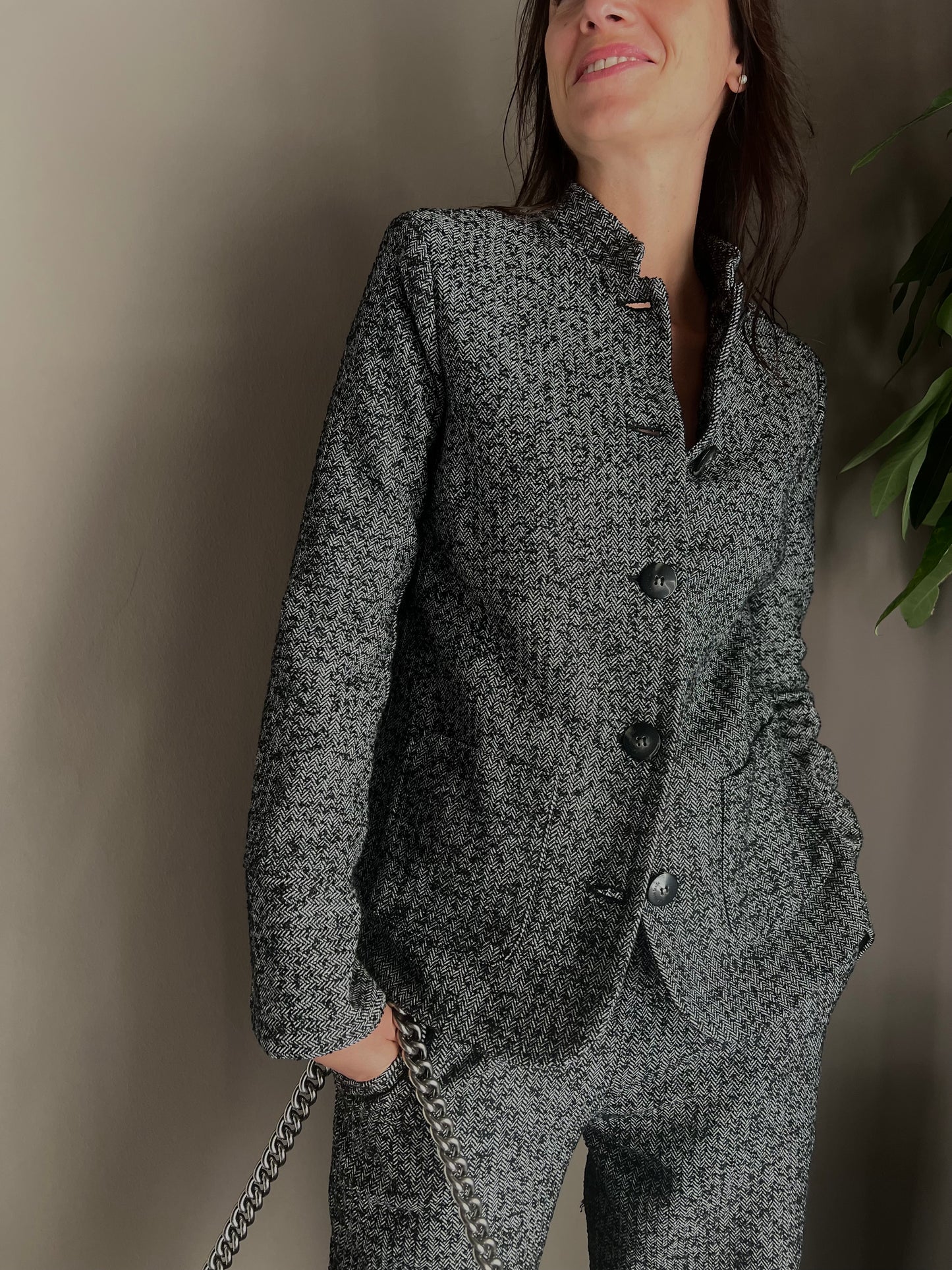 Giacca in tweed con collo alla coreana