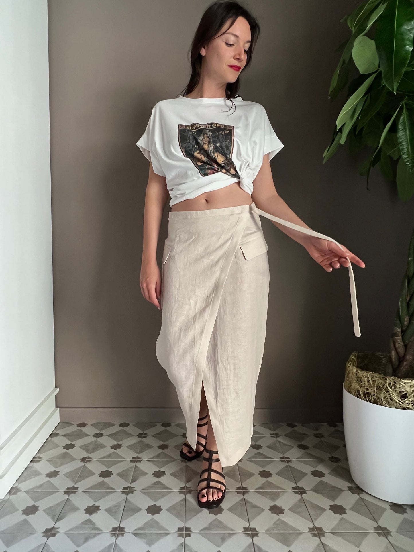 Gonna in lino Midi Beige