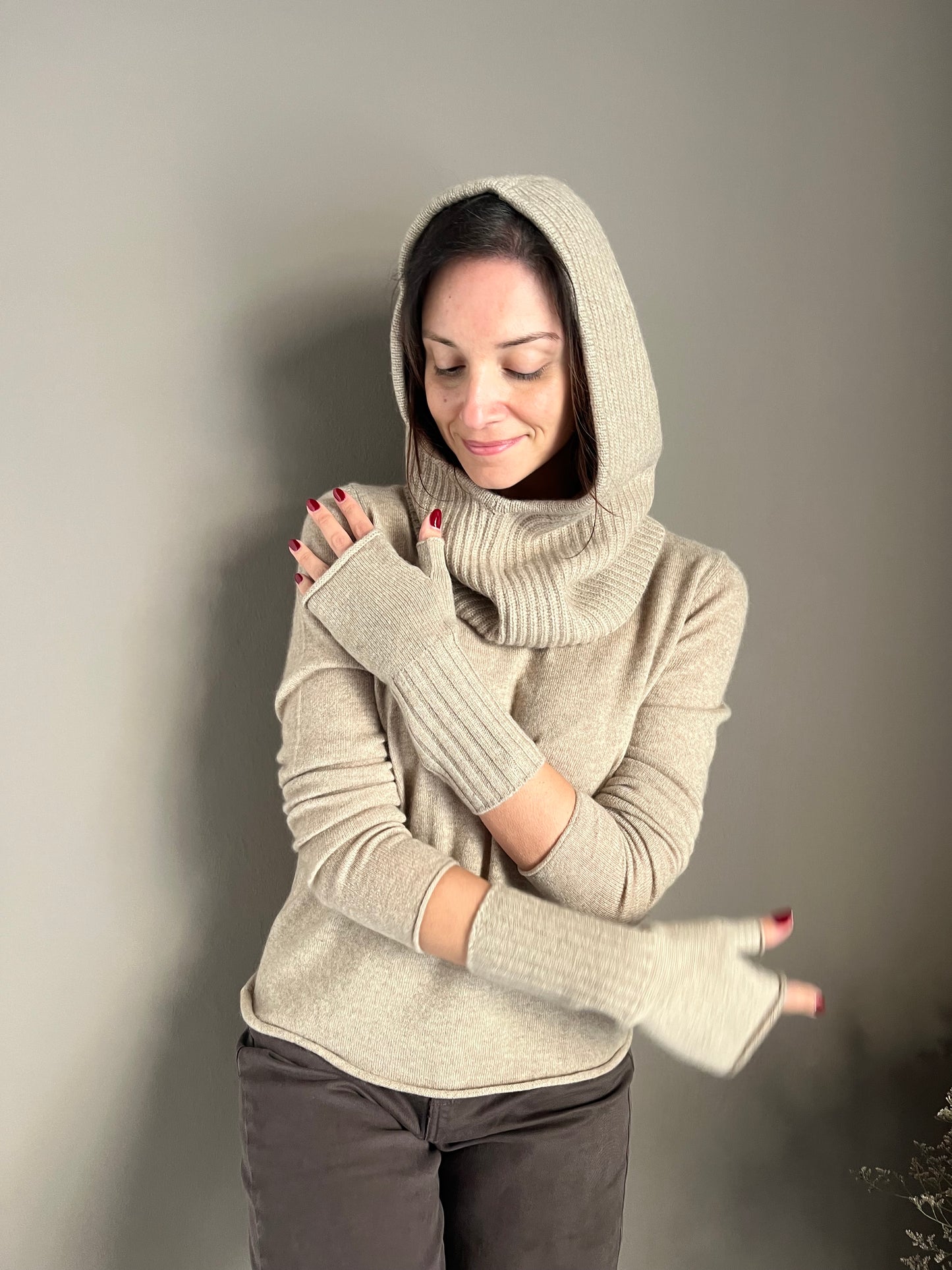 Guanto senza dita in cashmere beige
