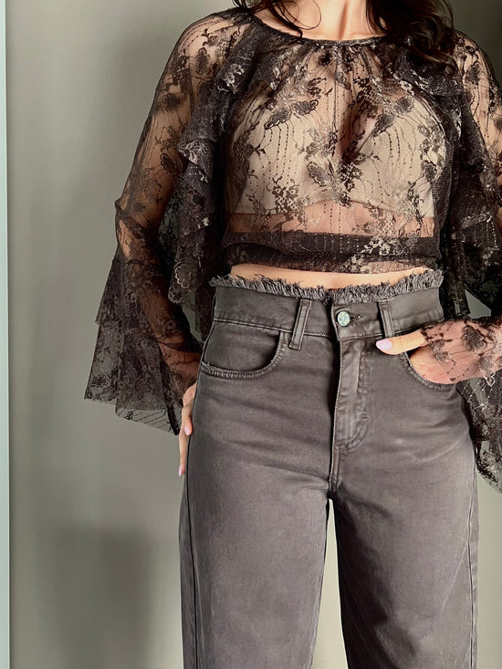 Pantalone denim vita alta forma a caramella