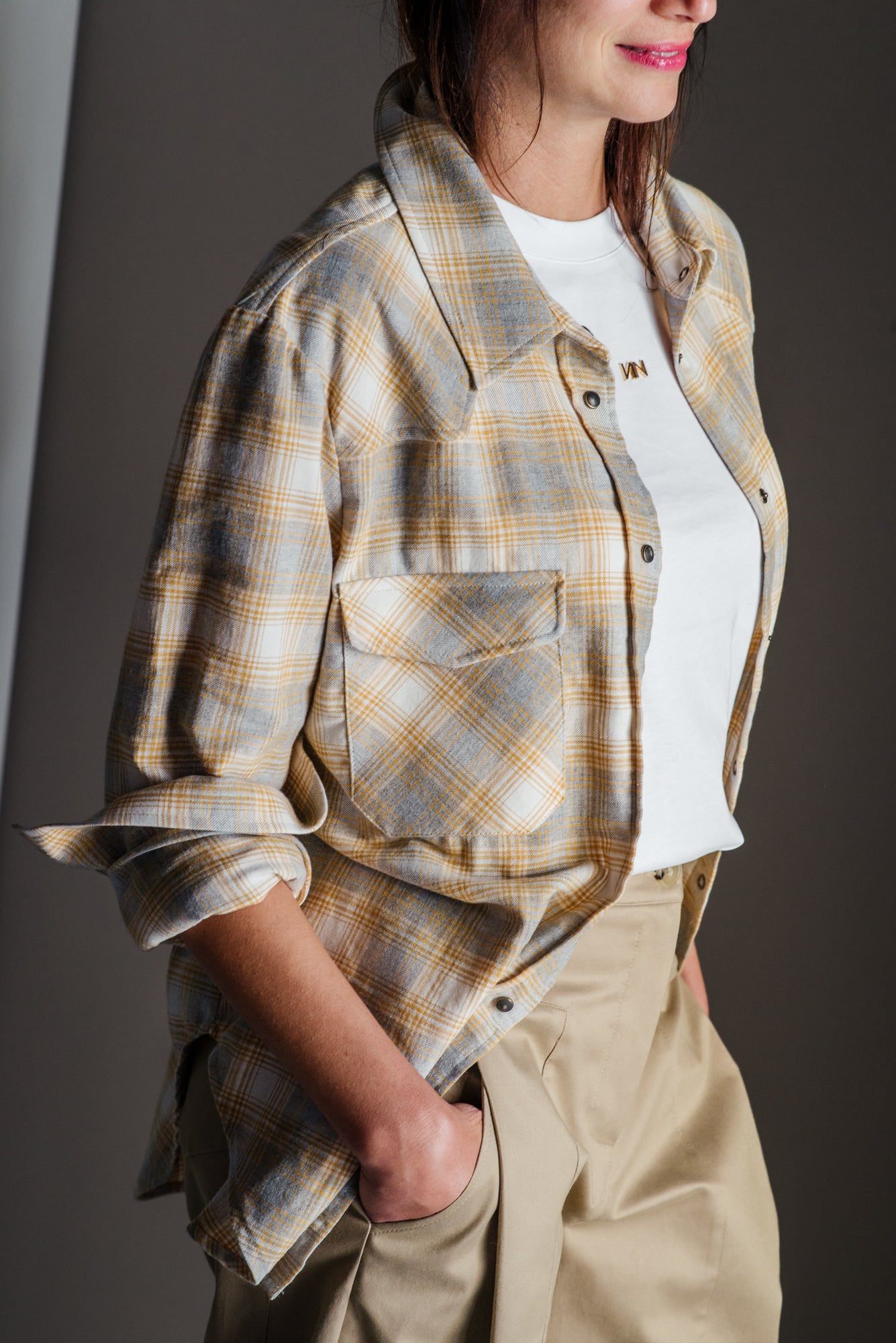 Camicia in flanella So Allure senape grigio