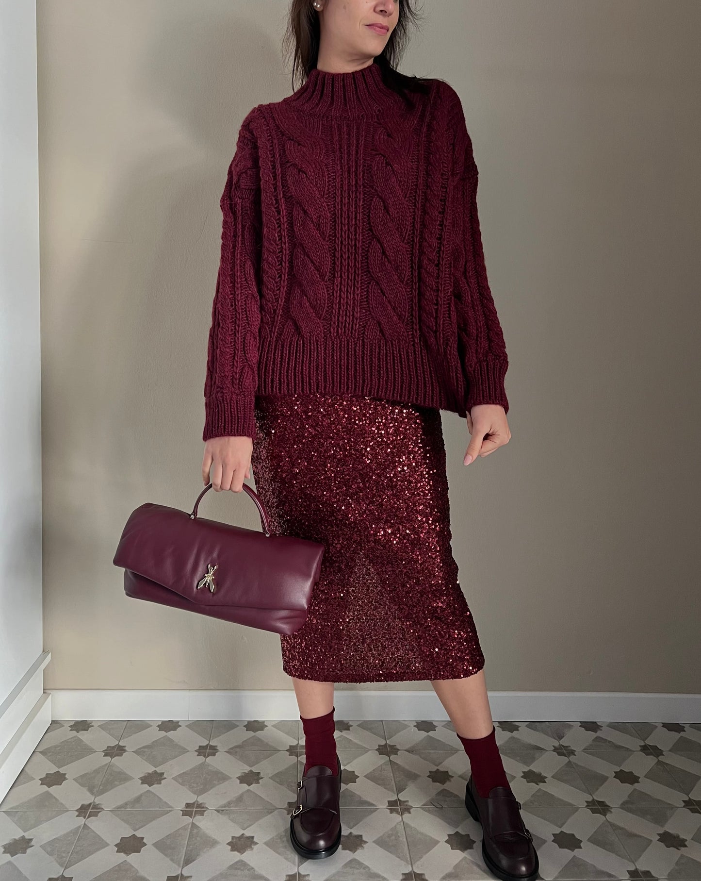 Maglia treccie collo alto Burgundy