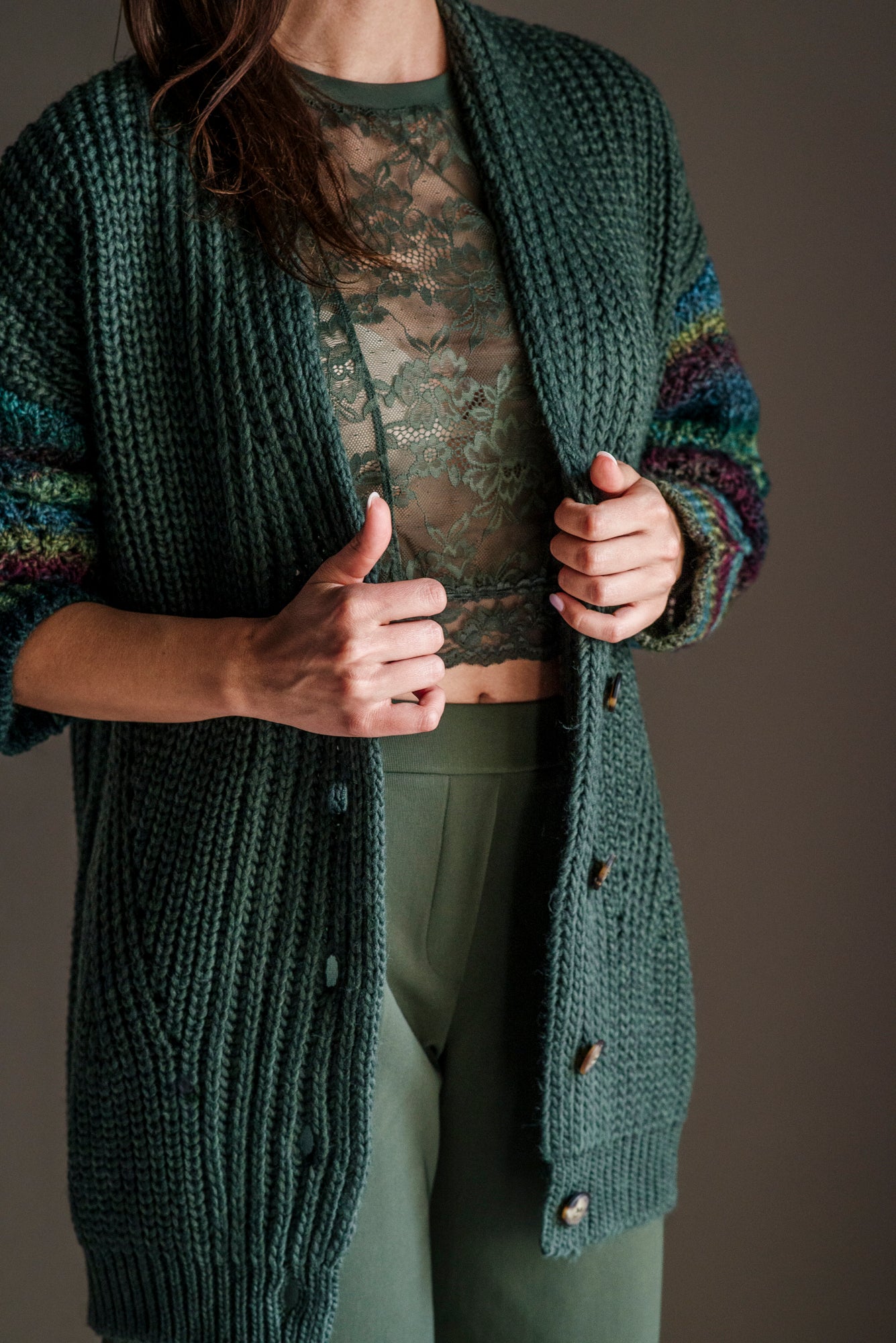 Cardigan oversize misto lana verde militare