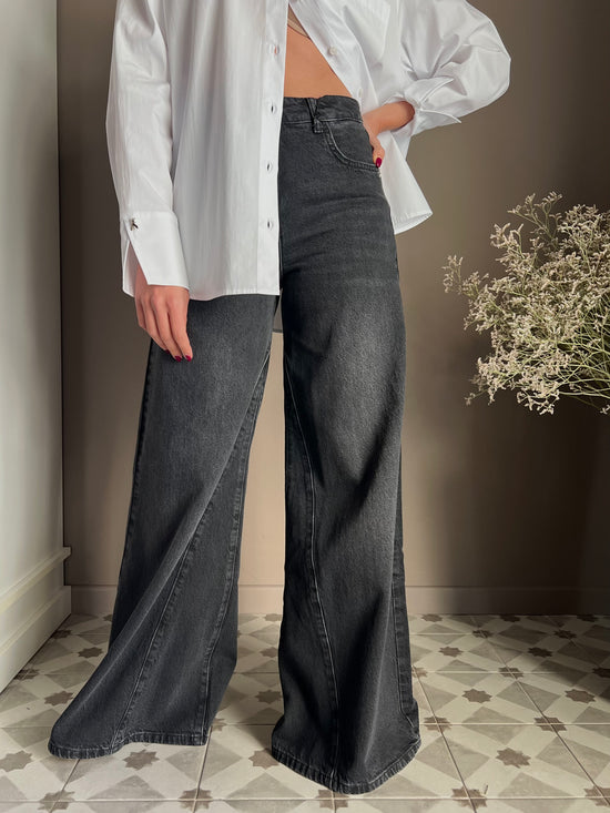 Pantalone denim vita alta gamba larga nero