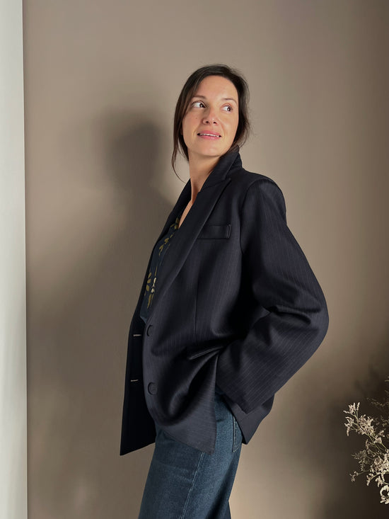 Giacca gessata over in punto stoffa navy