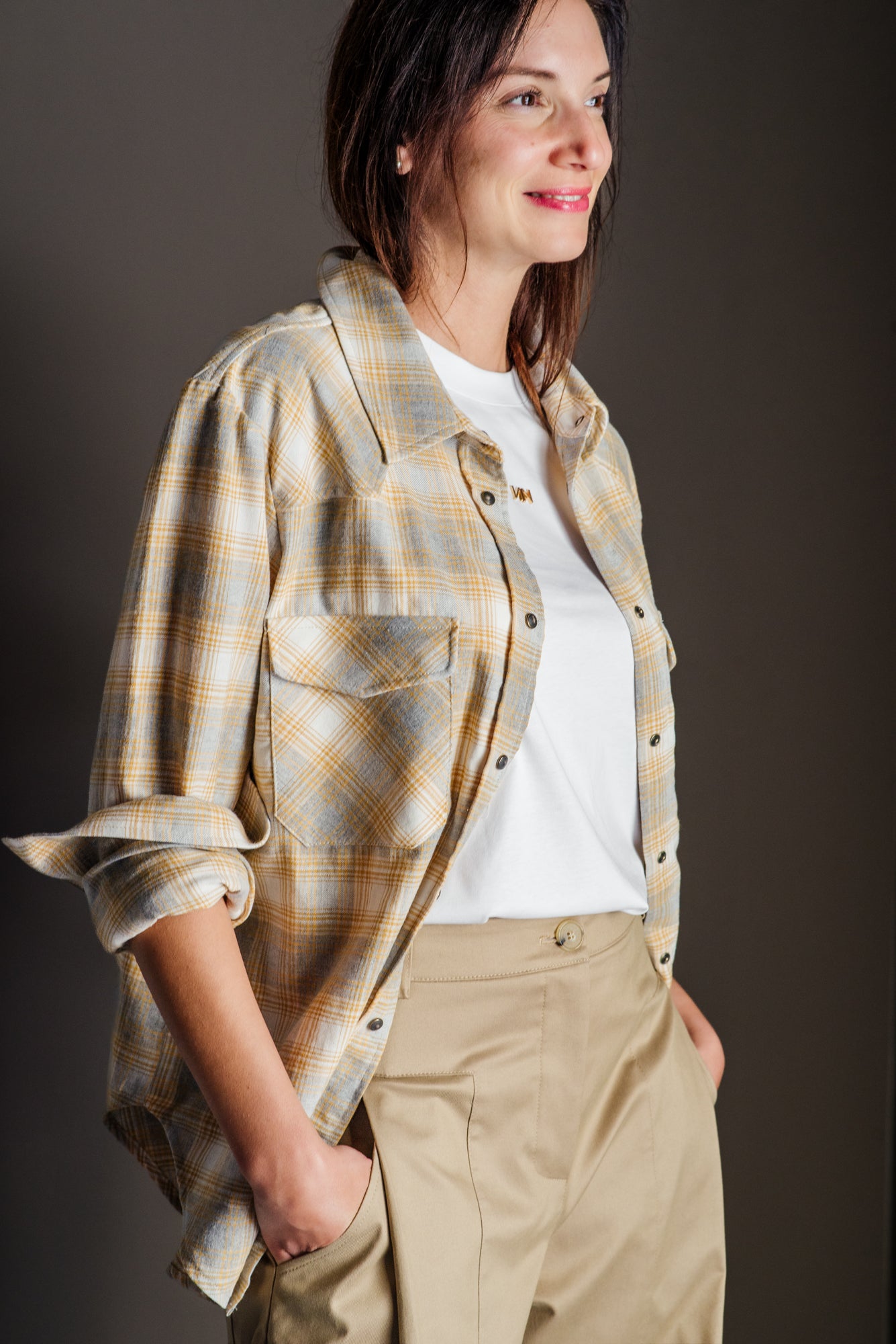 Camicia in flanella So Allure senape grigio
