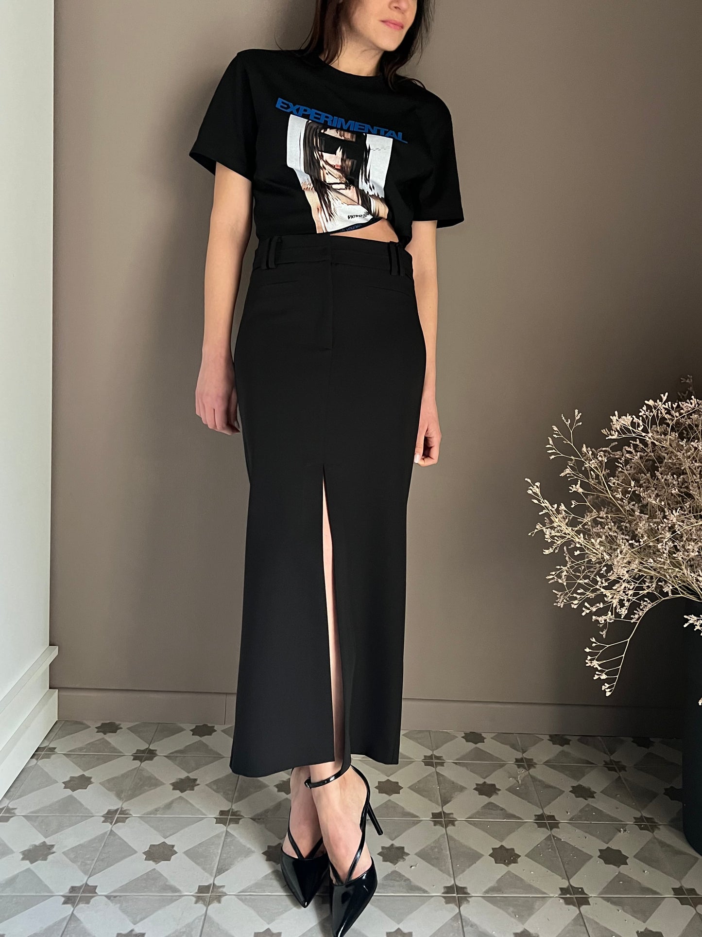Gonna midi sartoriale in gabardine