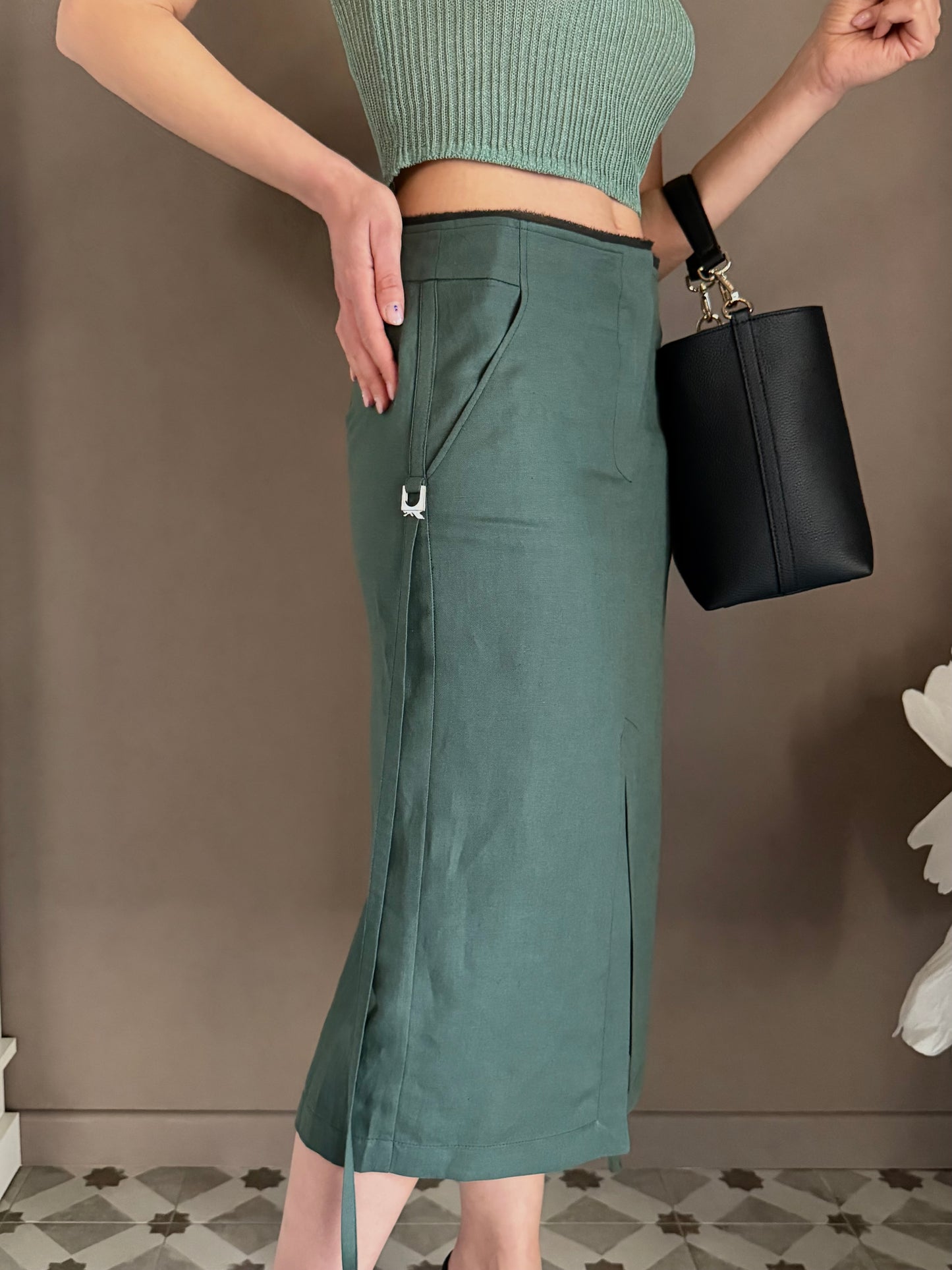 Gonna Midi Patrizia Pepe in Lino e Viscosa – Verde Salvia
