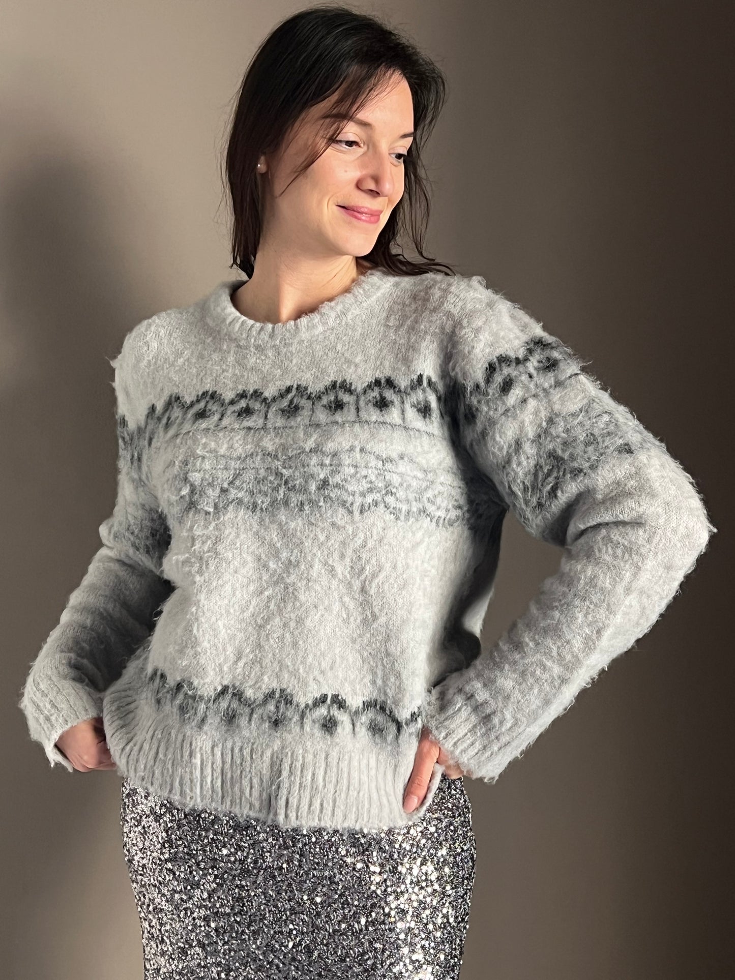 Maglia girocollo motivo Jacquard grey