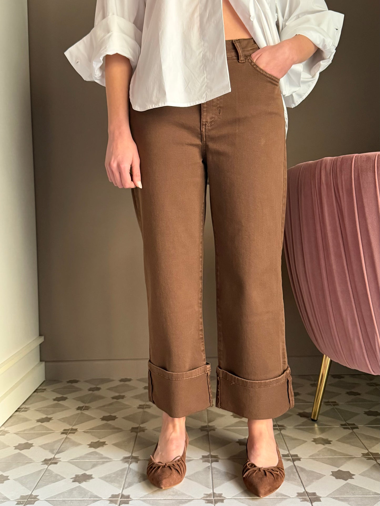 Pantalone straight in drill di cotone
