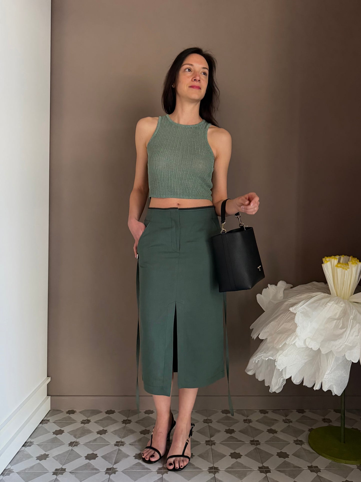 Gonna Midi Patrizia Pepe in Lino e Viscosa – Verde Salvia
