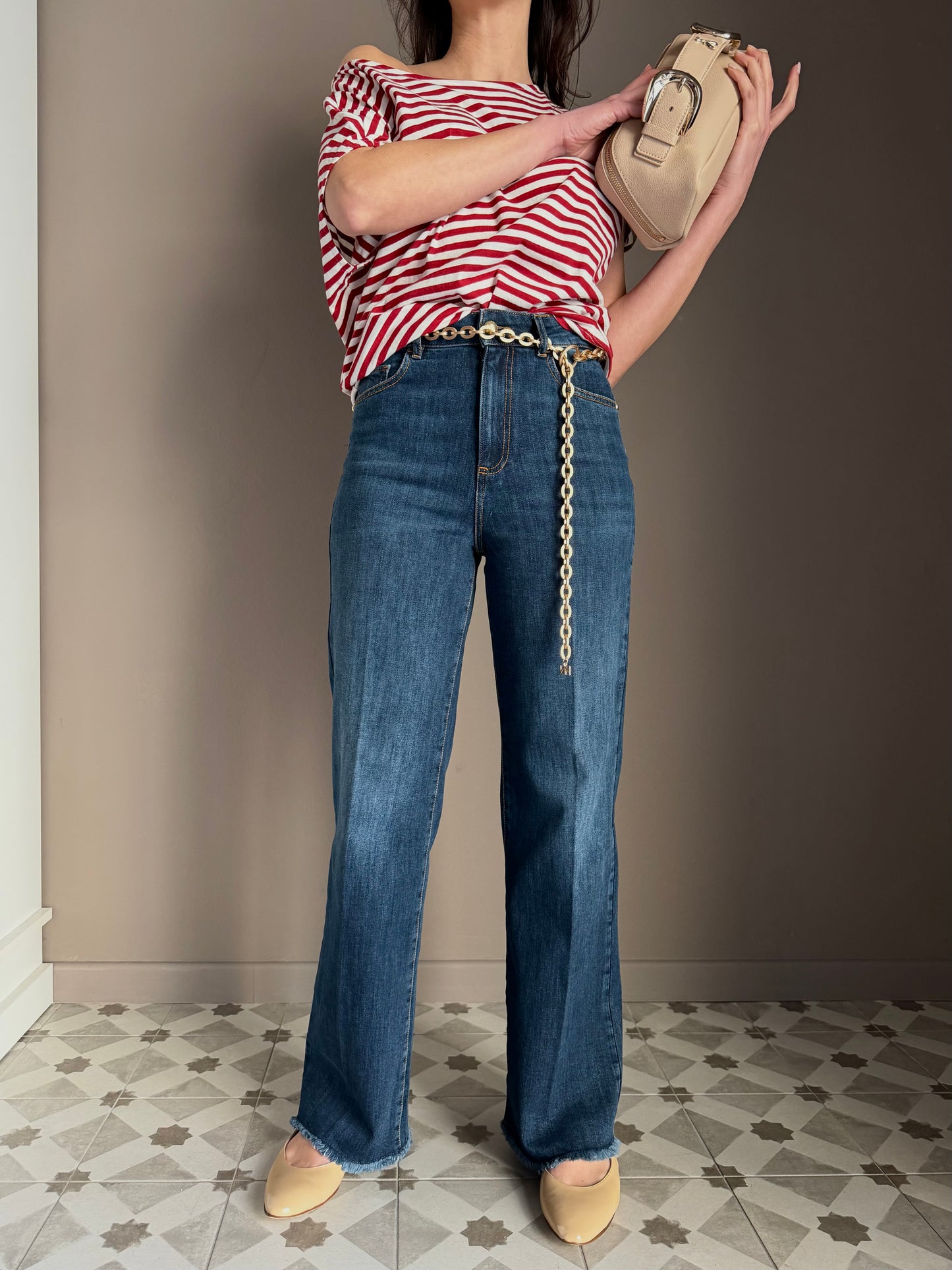 Pantalone denim Wide-Leg con catena