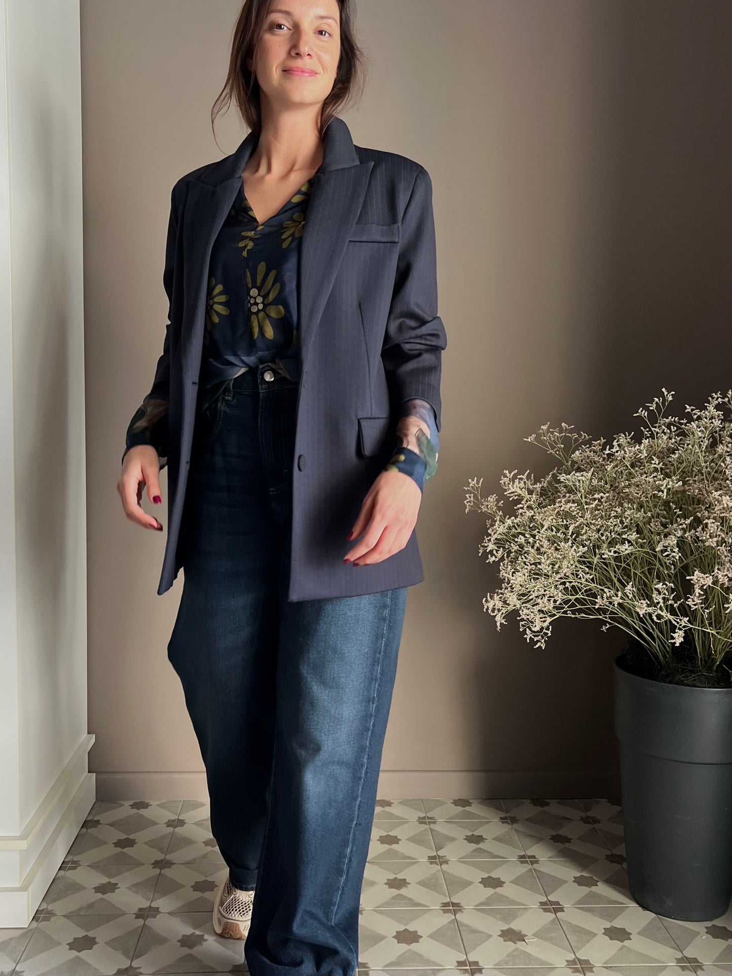 Giacca gessata over in punto stoffa navy
