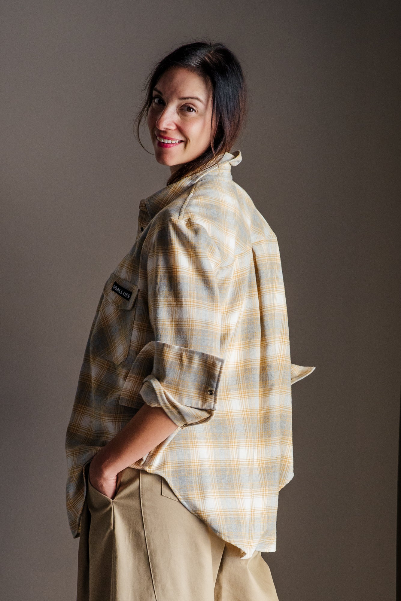 Camicia in flanella So Allure senape grigio