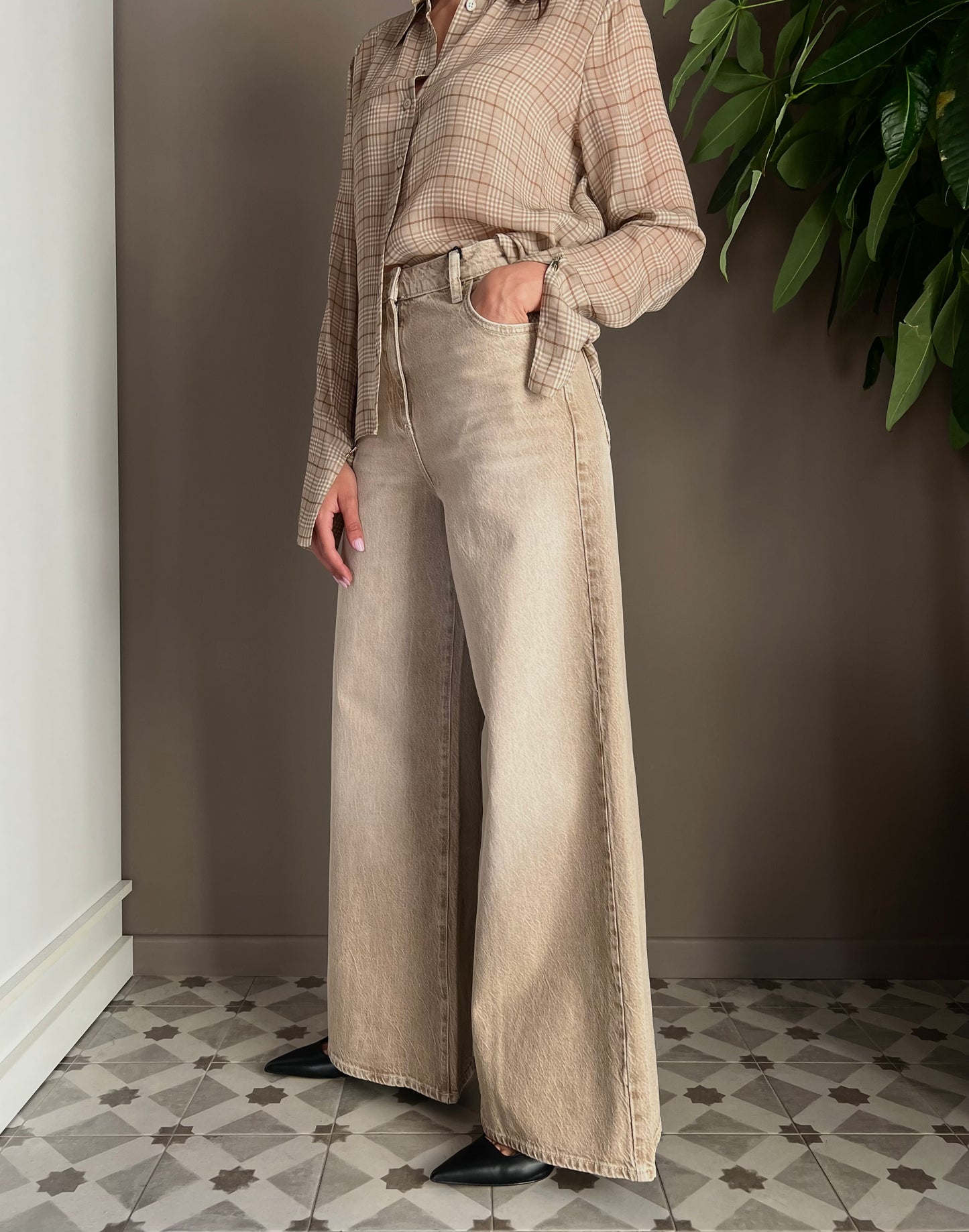 Pantalone Denim a gamba larga beige