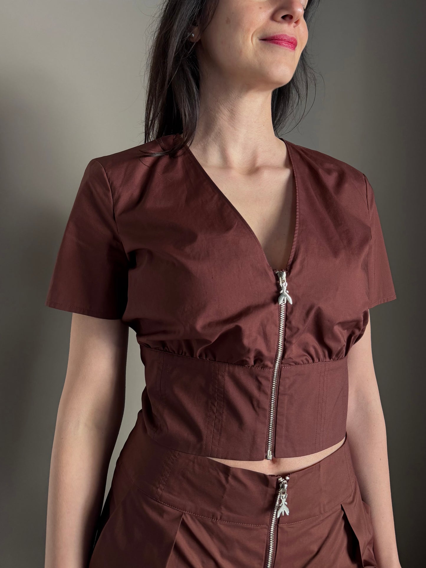 Top Cropped in Popeline di Cotone Brown