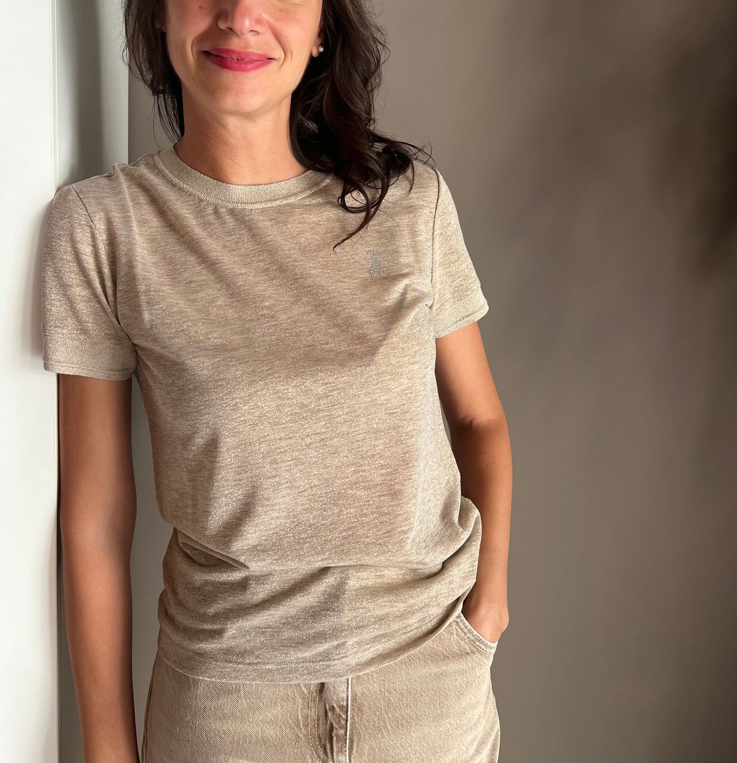 Maglia in viscosa e lurex beige