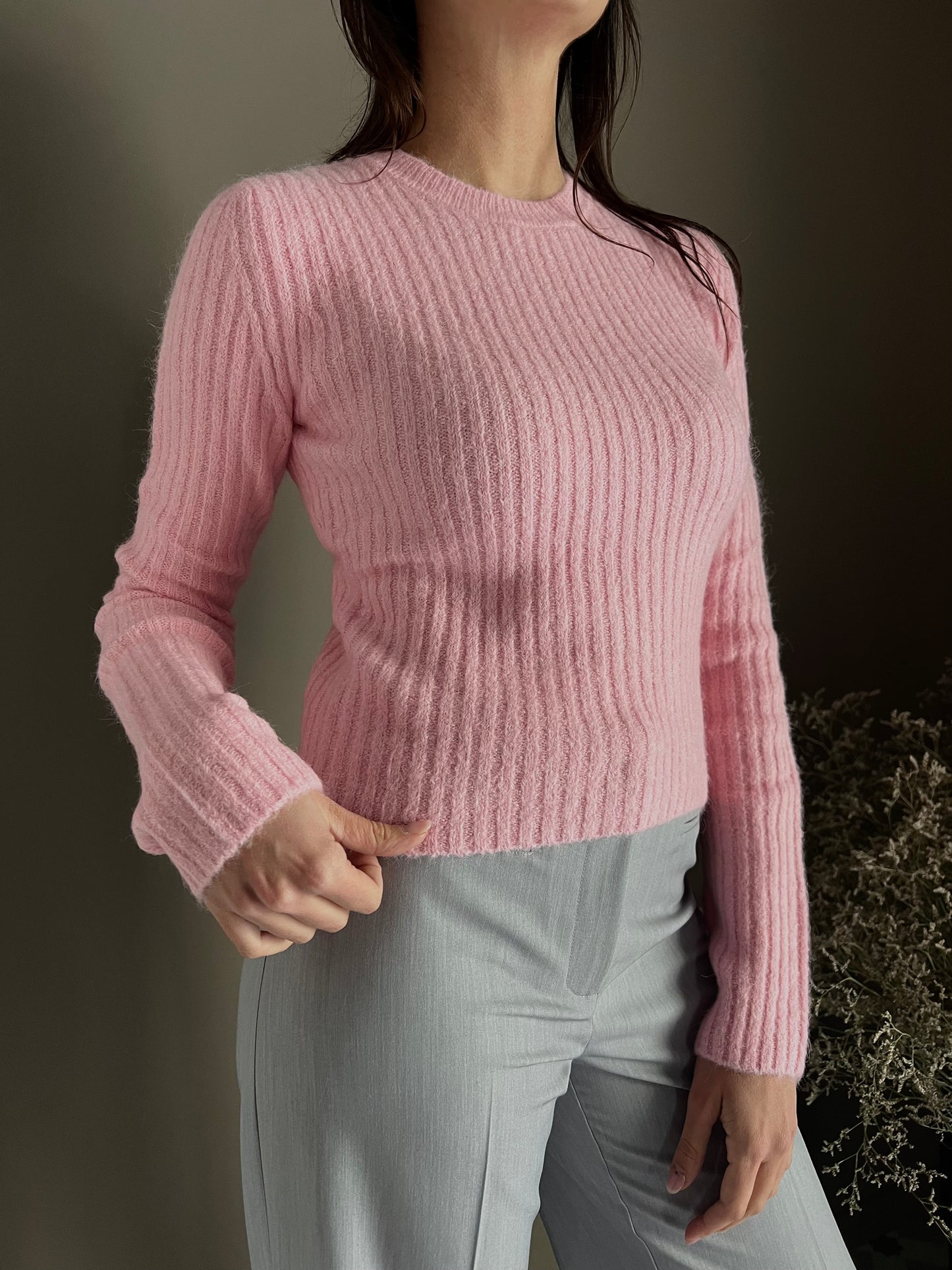 Maglia girocollo slim fit in alpaca Pink