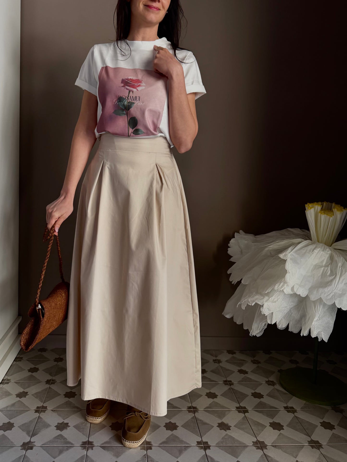 Gonna lunga in popeline di cotone beige