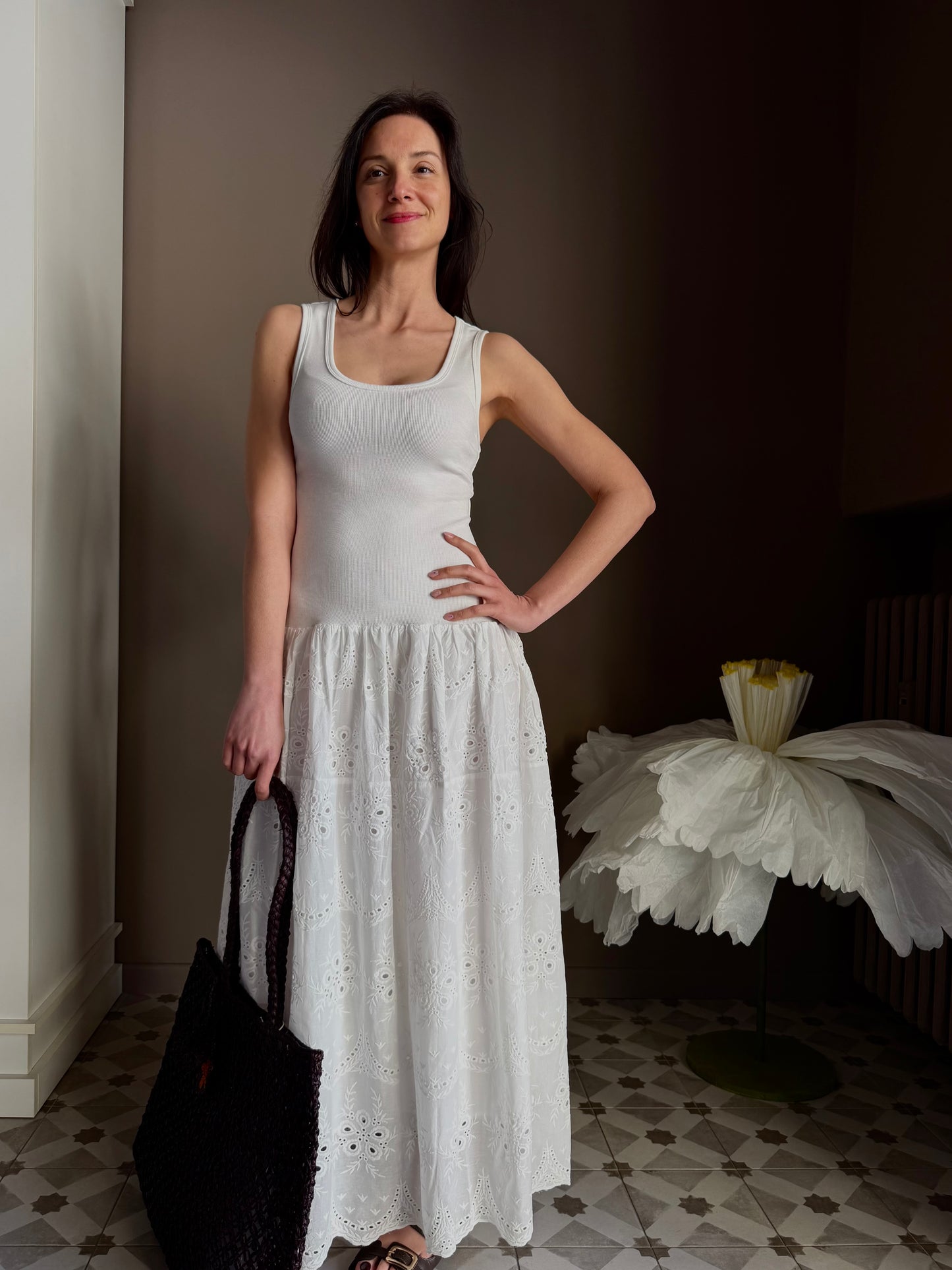 Abito Lungo in Cotone e Sangallo