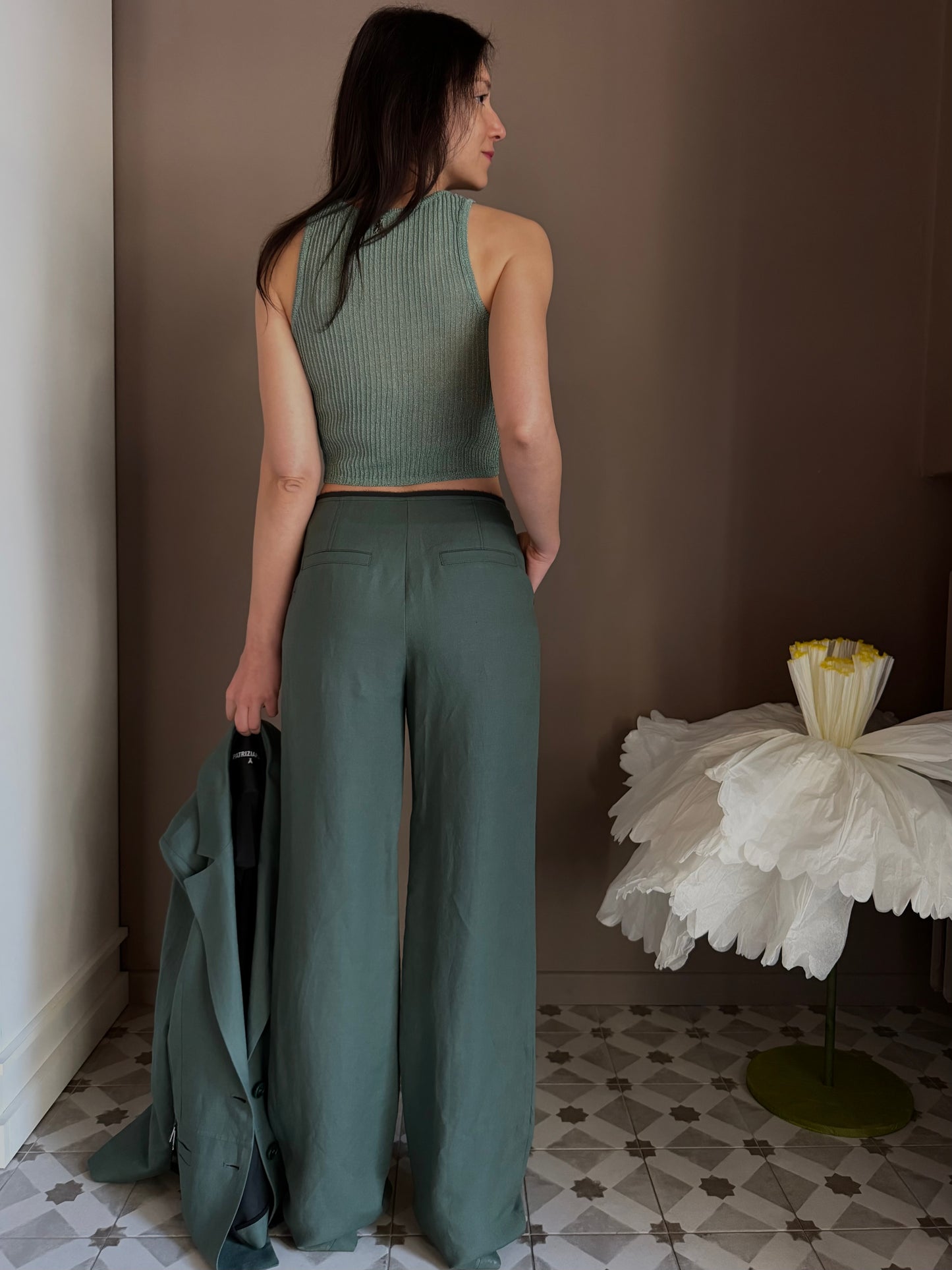 Pantalone Wide Leg in Lino e Viscosa – Verde Salvia