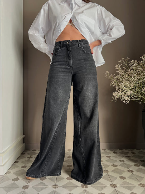 Pantalone denim vita alta gamba larga nero