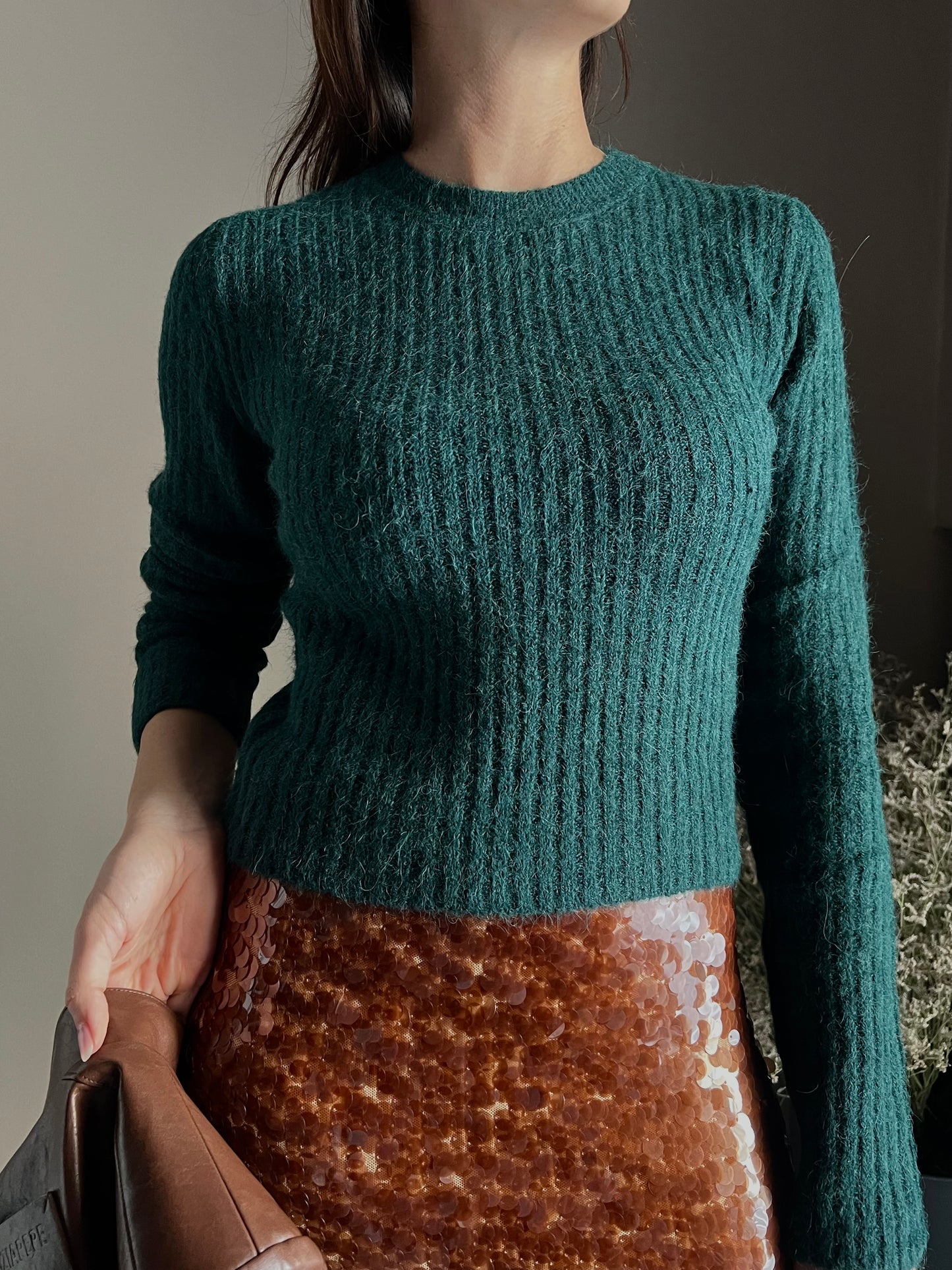 Maglia girocollo slim-fit in misto alpaca-Deep Green