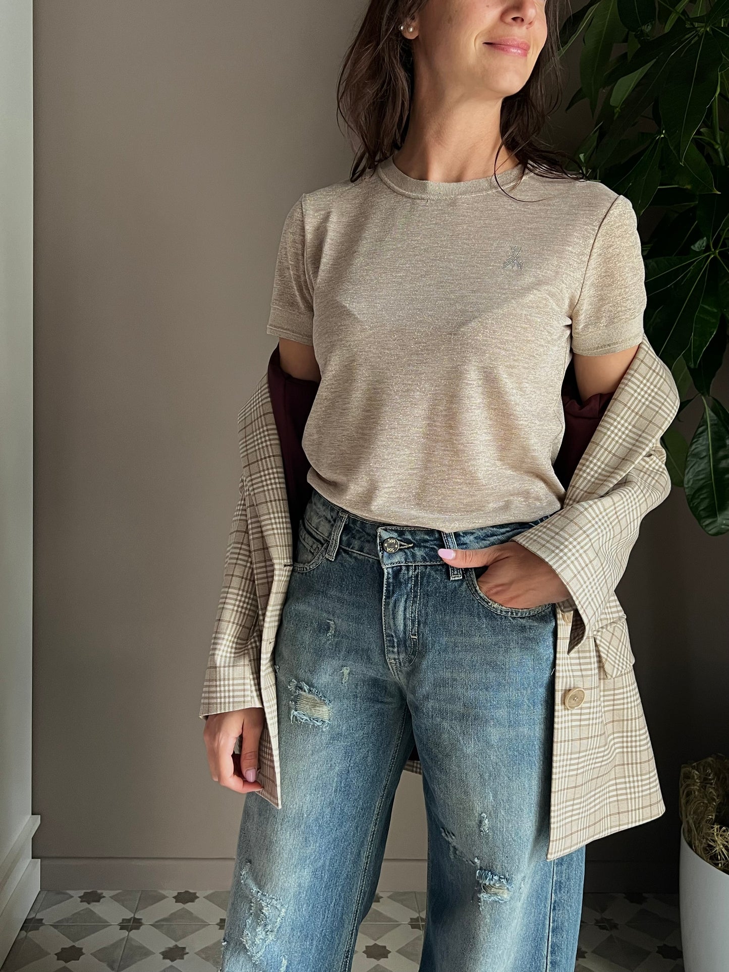 Maglia in viscosa e lurex beige