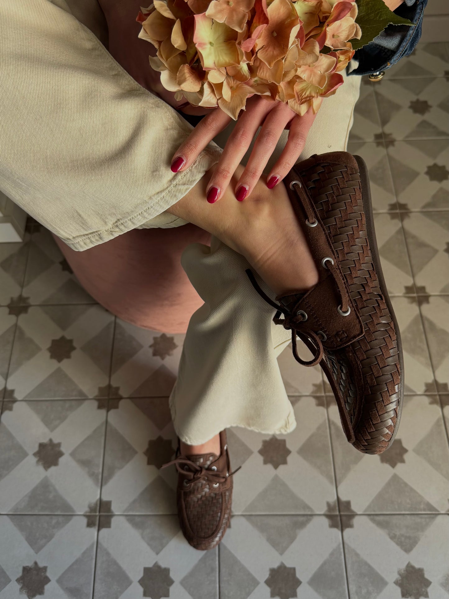 Mocassino in pelle intrecciato e suede