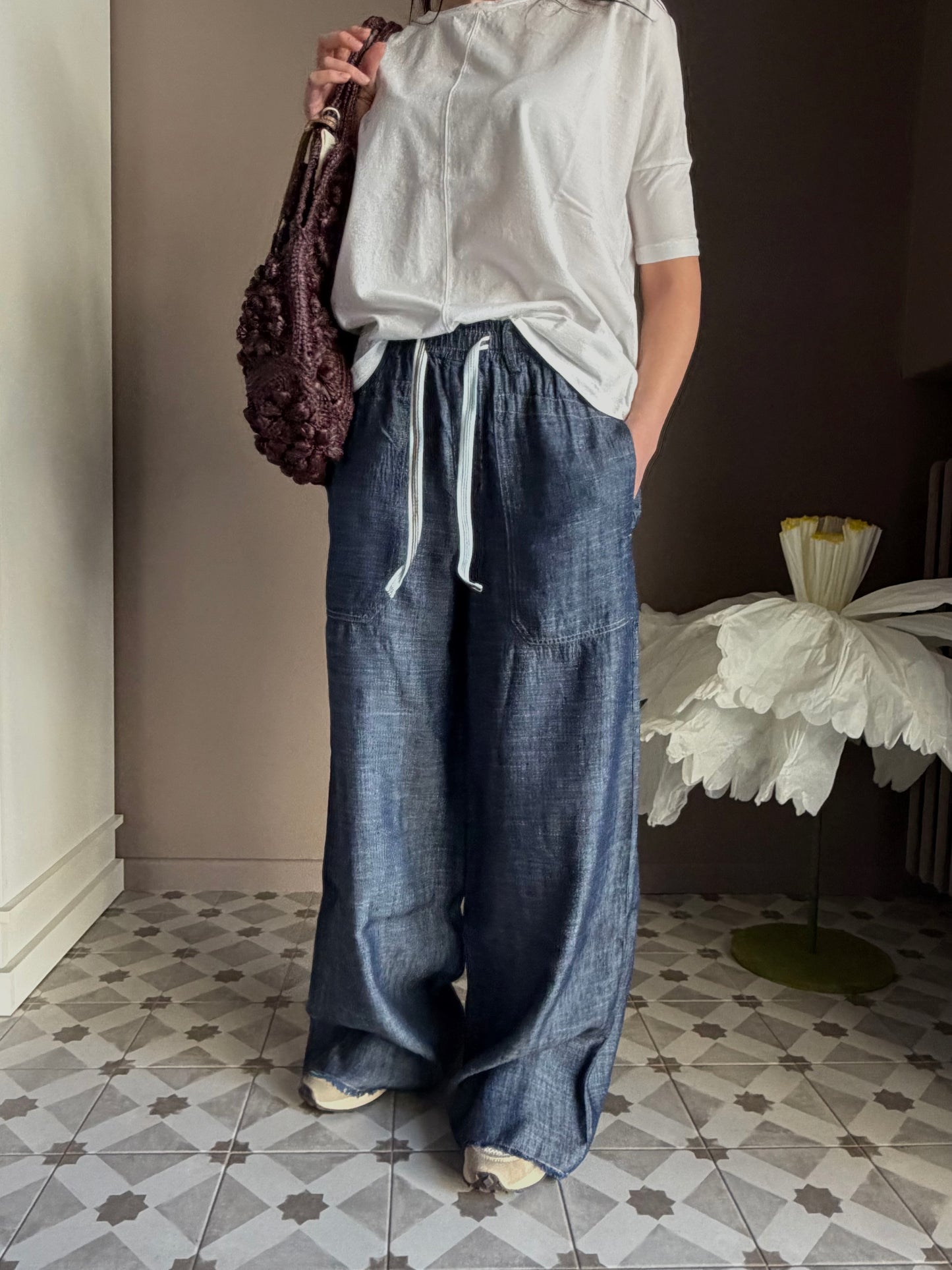 Pantalone chambray in cotone e Lyoncell