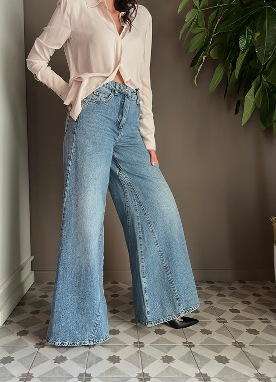 Pantalone denim vita alta gamba larga