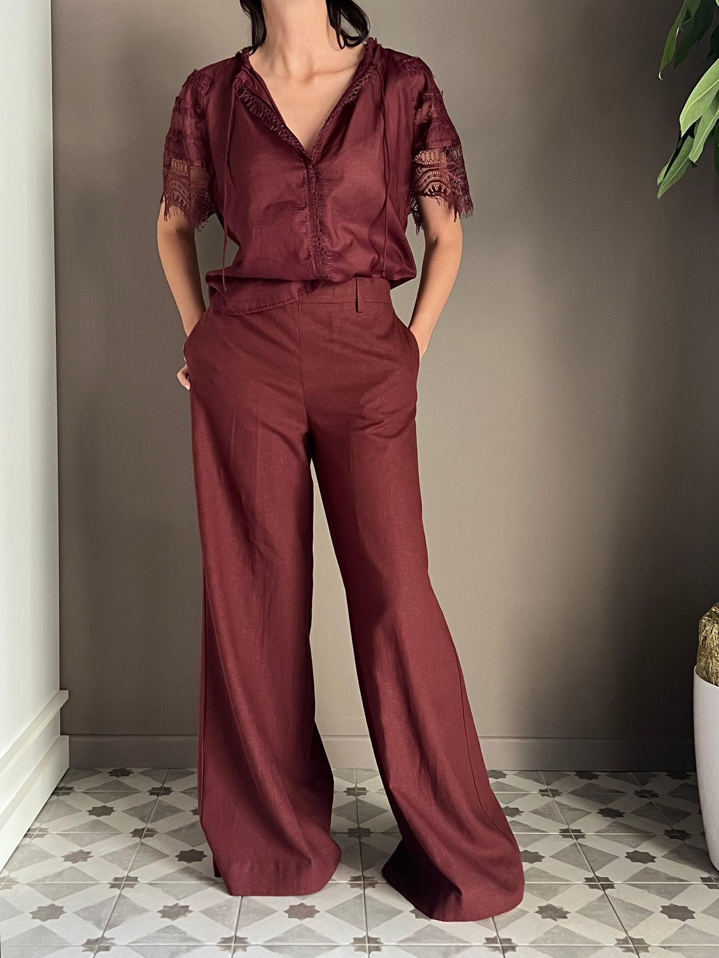Pantalone in lino e viscosa henné