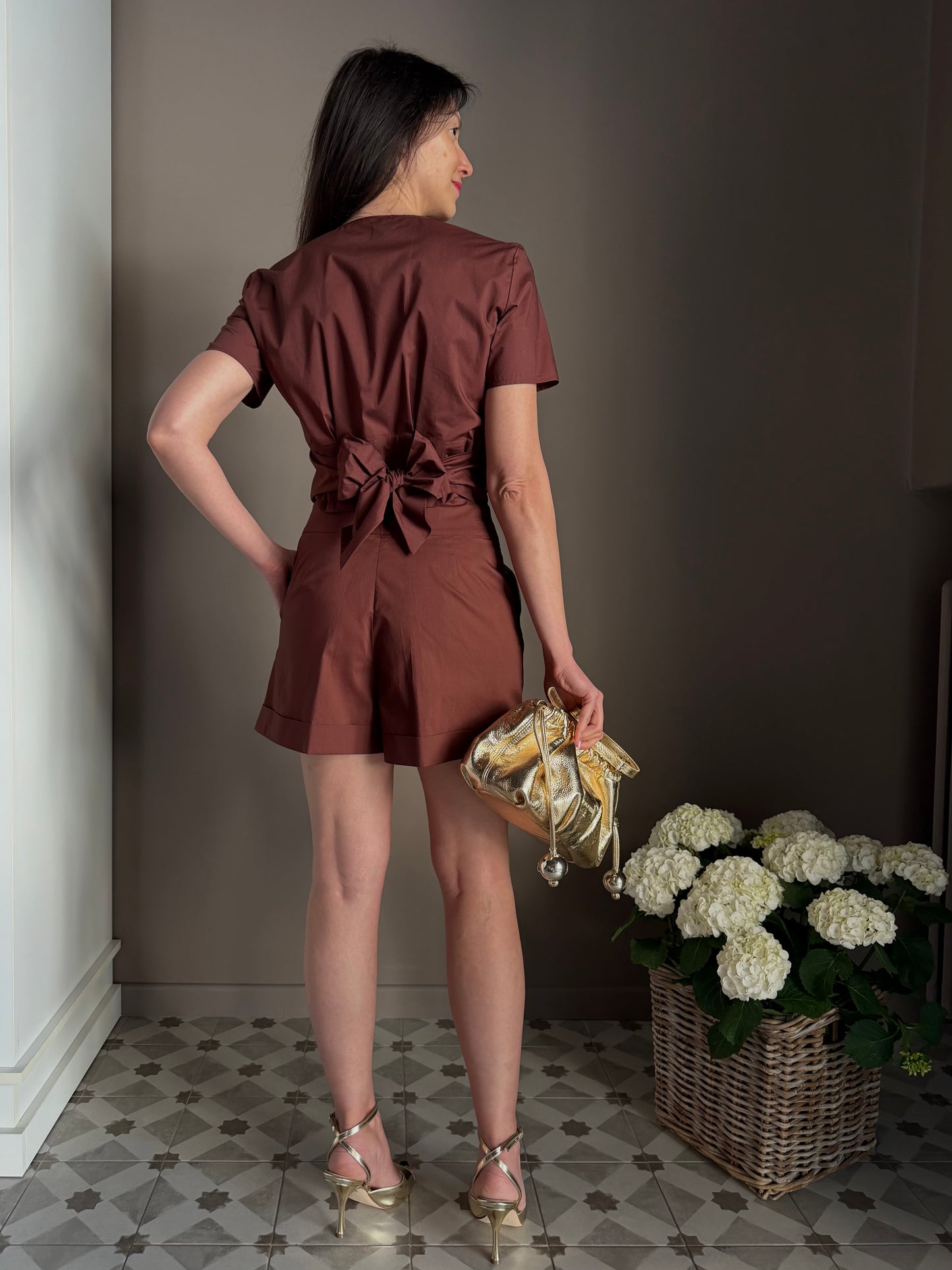 Shorts Patrizia Pepe in Popeline di Cotone Marrone