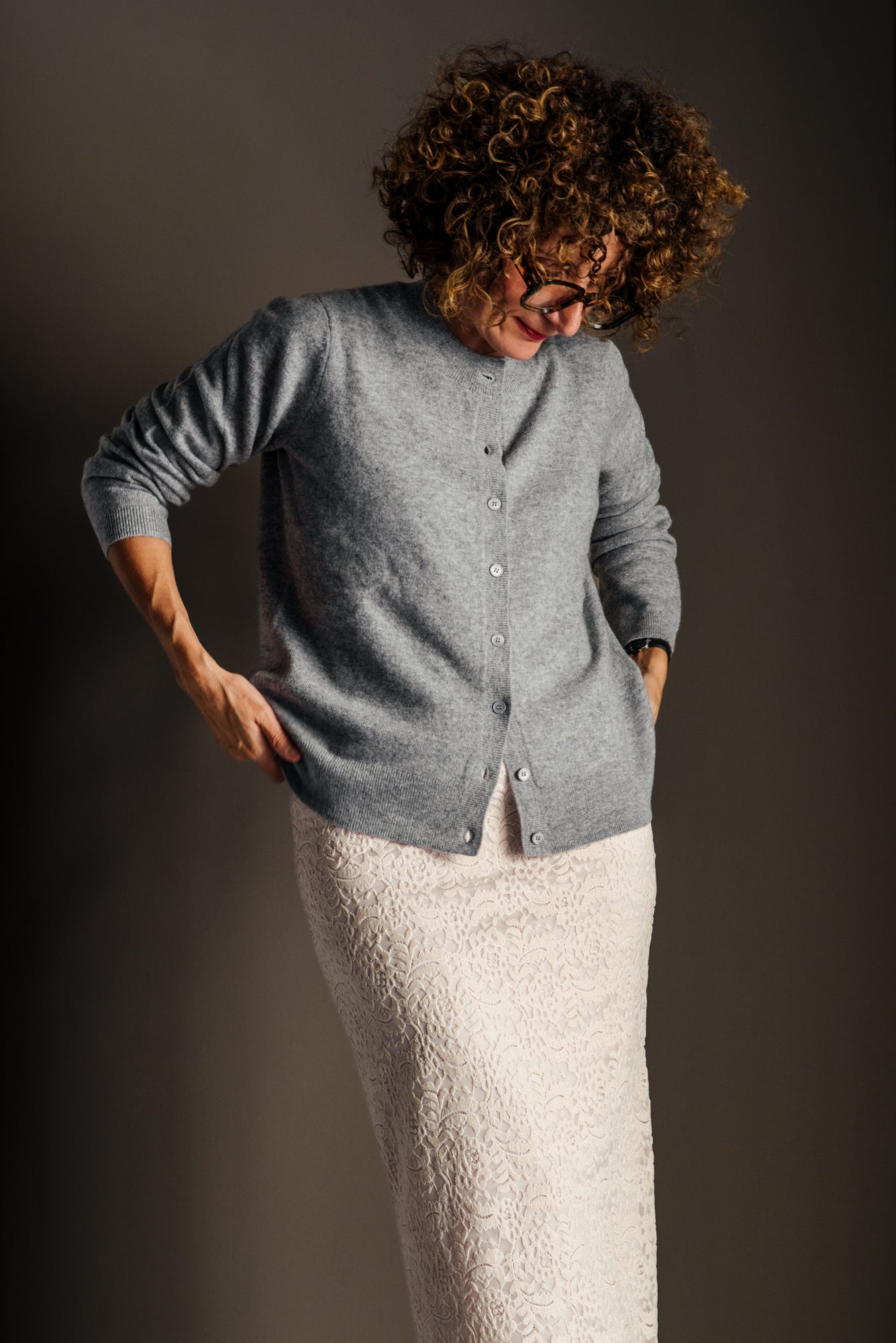 Cardigan  in Lana e Cashmere grigio perla