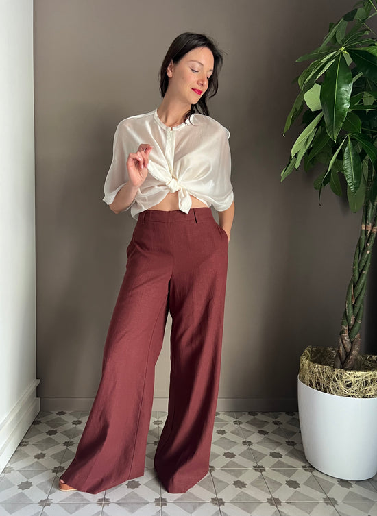 Pantalone in lino e viscosa henné