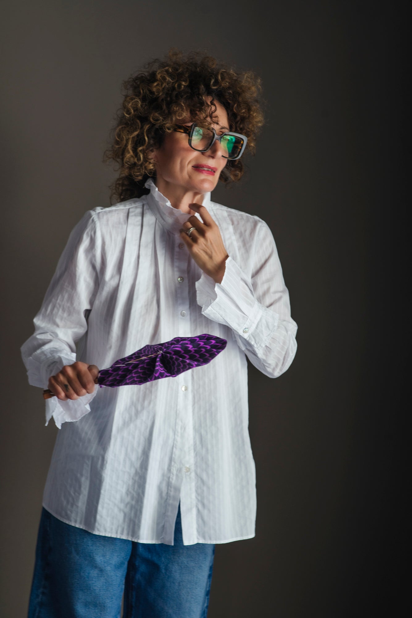 Camicia in cotone svasata con dettagli plisse bianca
