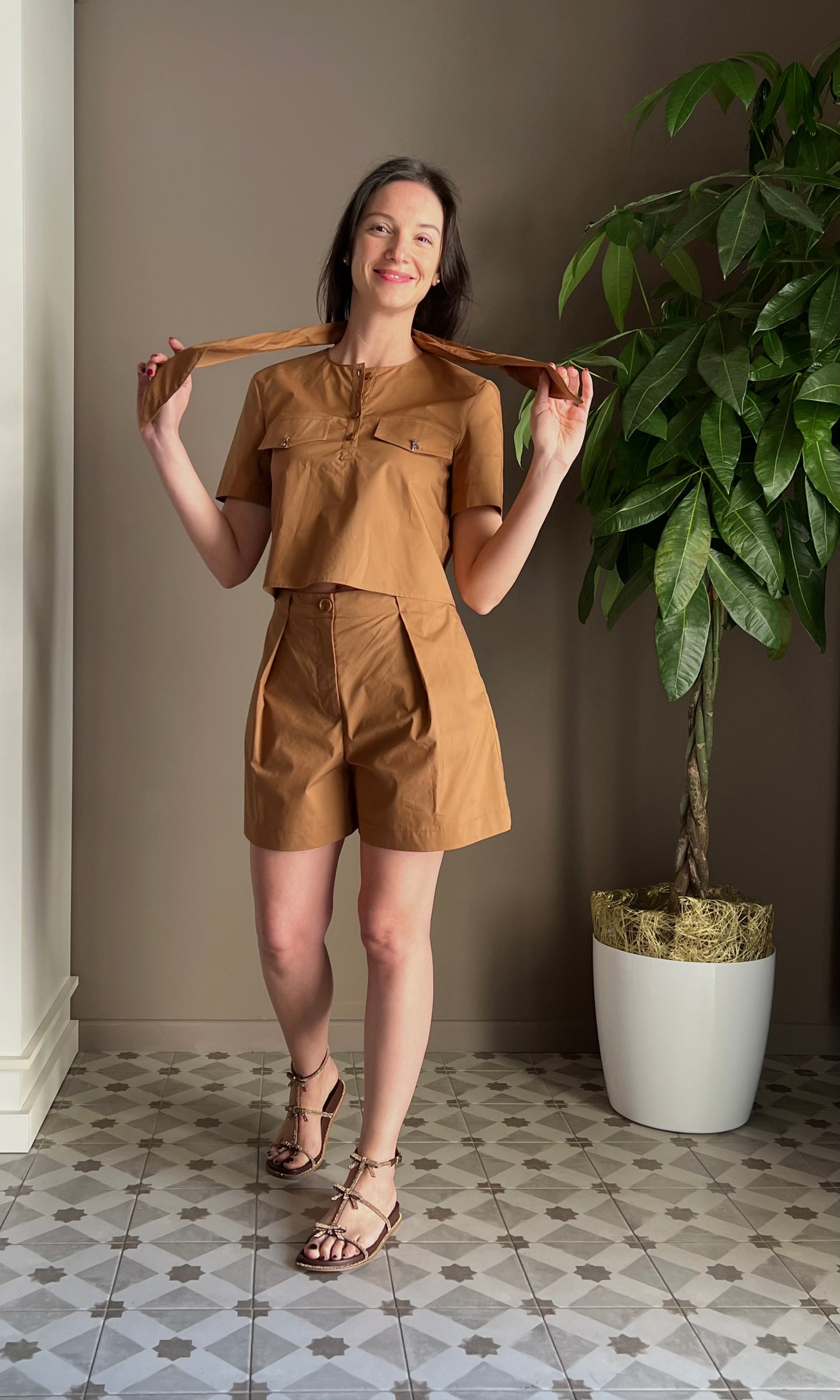 Camicia corta in popeline con foulard