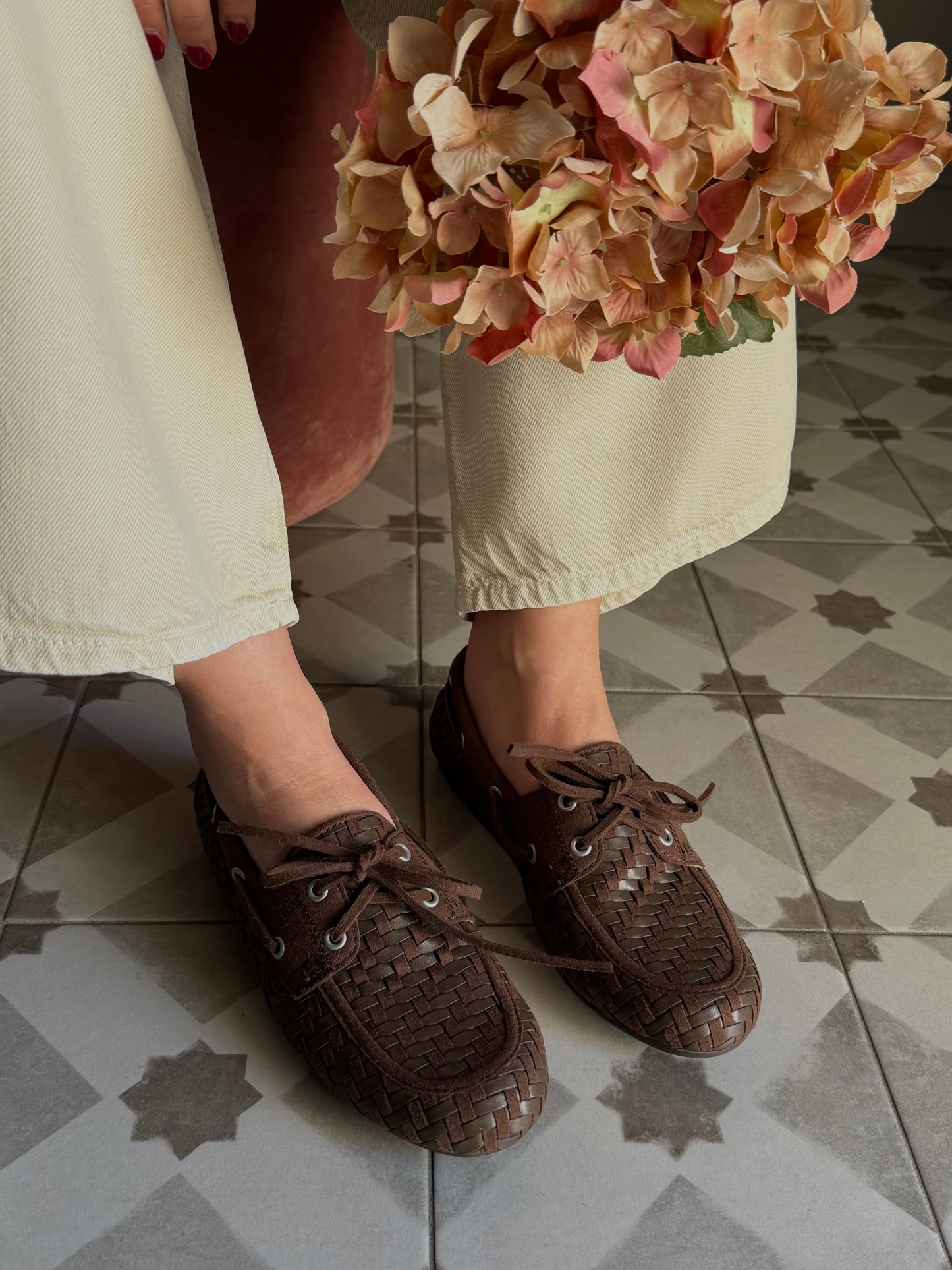 Mocassino in pelle intrecciato e suede