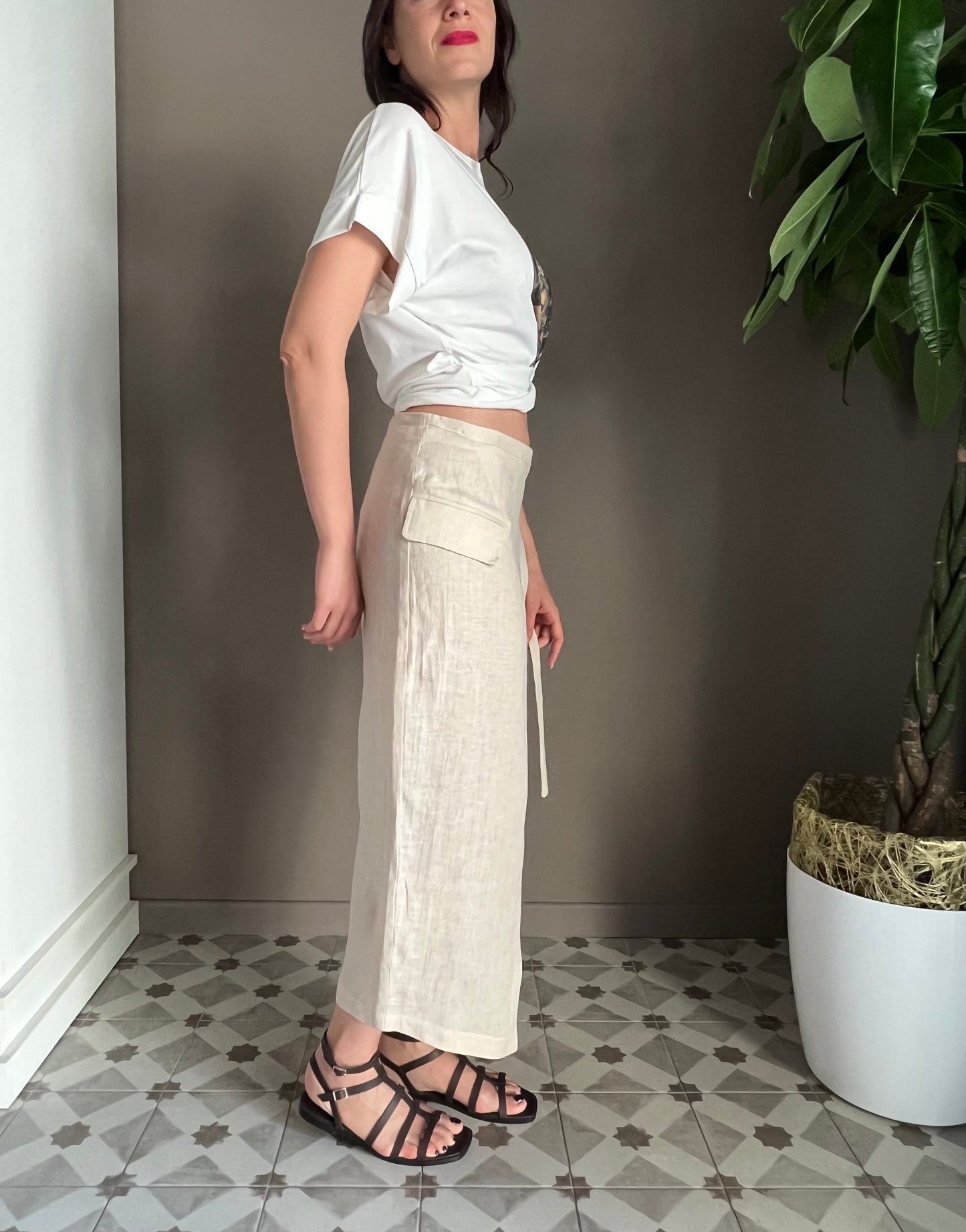 Gonna in lino Midi Beige