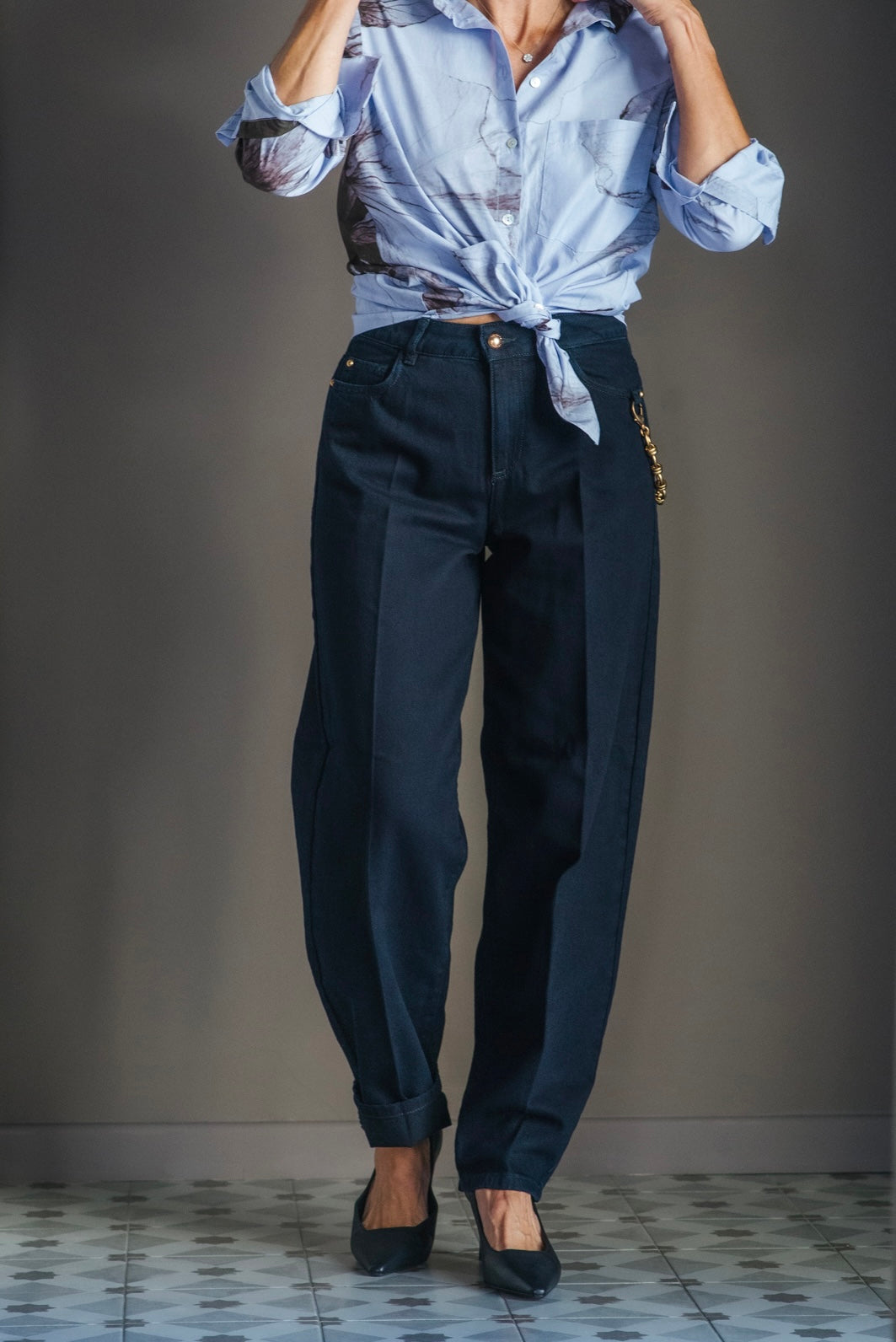 Pantaloni barrel blu/nero in cotone