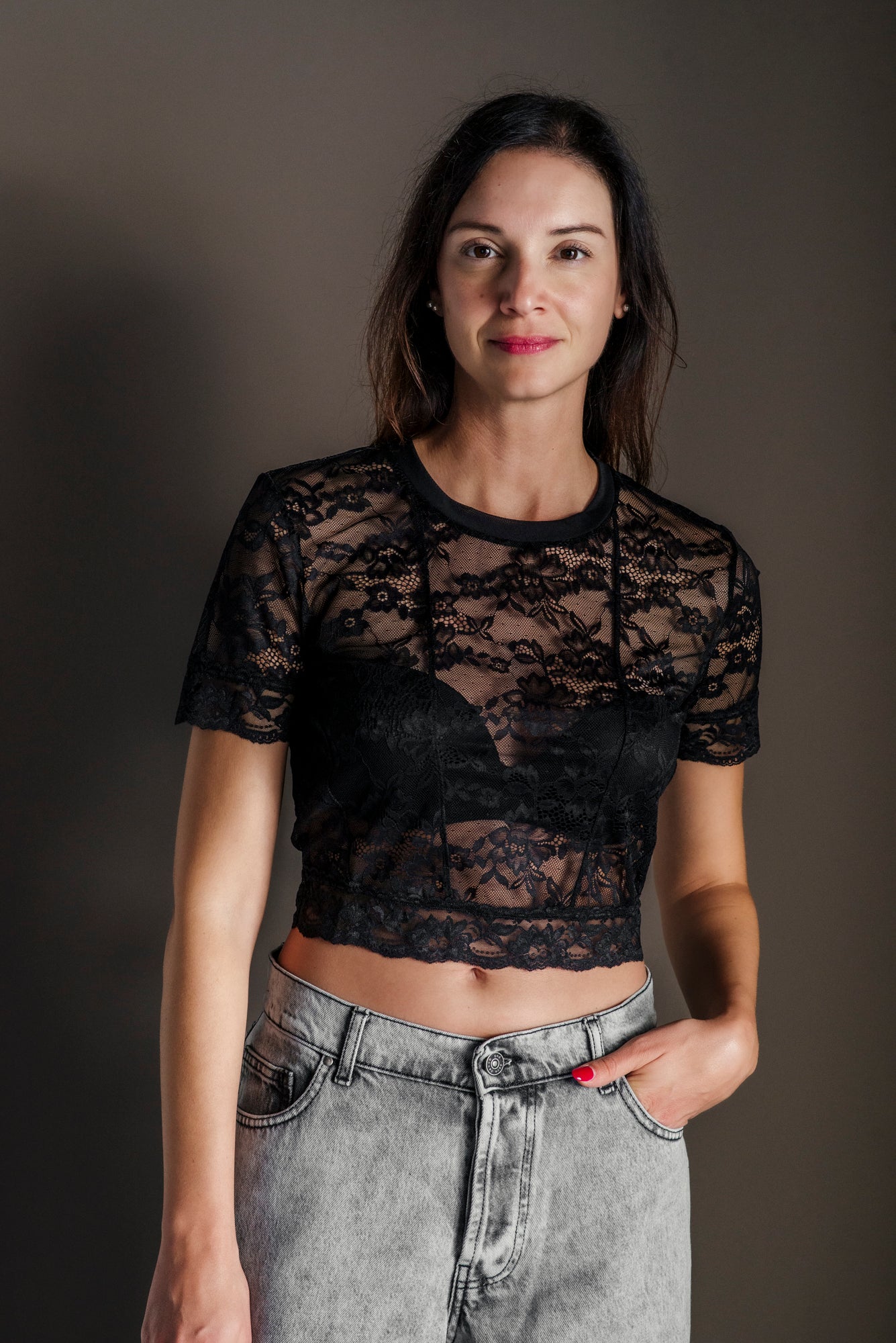 Top in pizzo floreale Nero