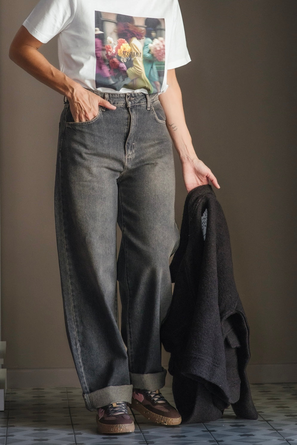 Pantalone denim grigio effetto vintage
