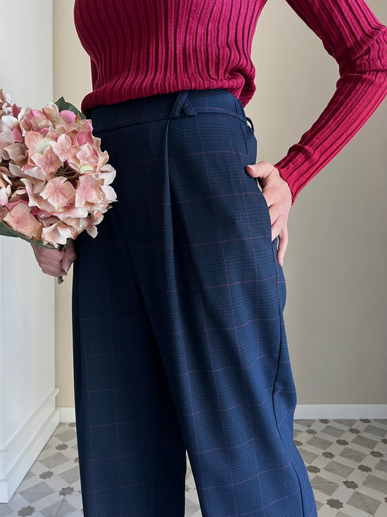 Pantalone a palazzo tartan blu