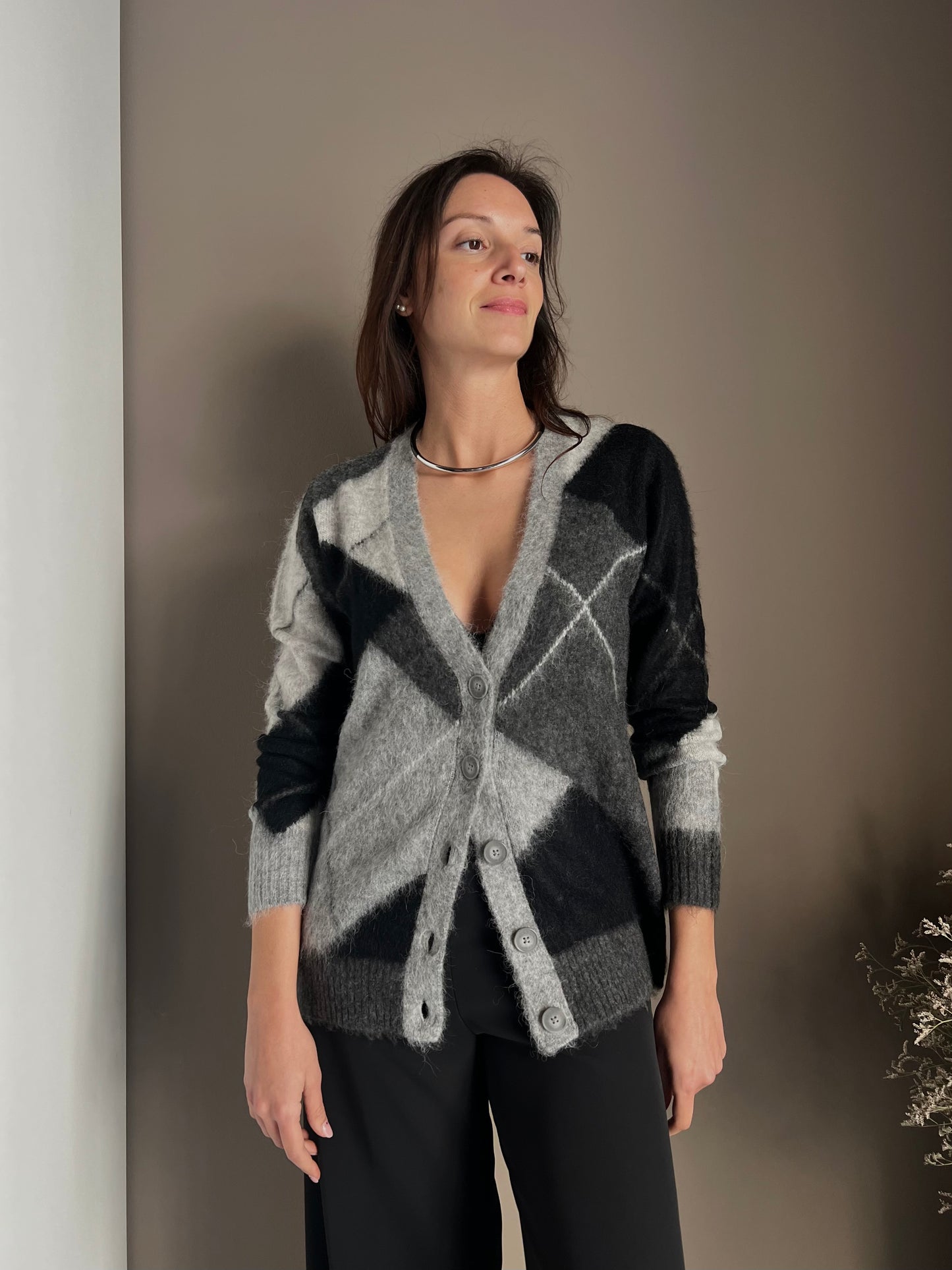 Cardigan losanghe in misto lana e Alpaca