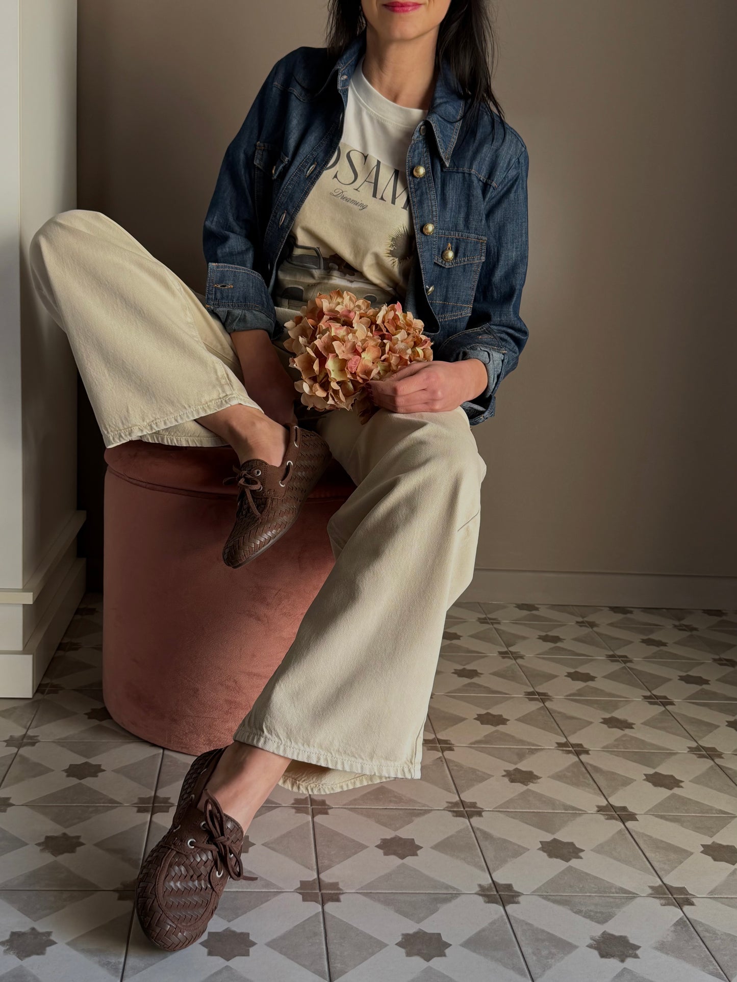 Mocassino in pelle intrecciato e suede